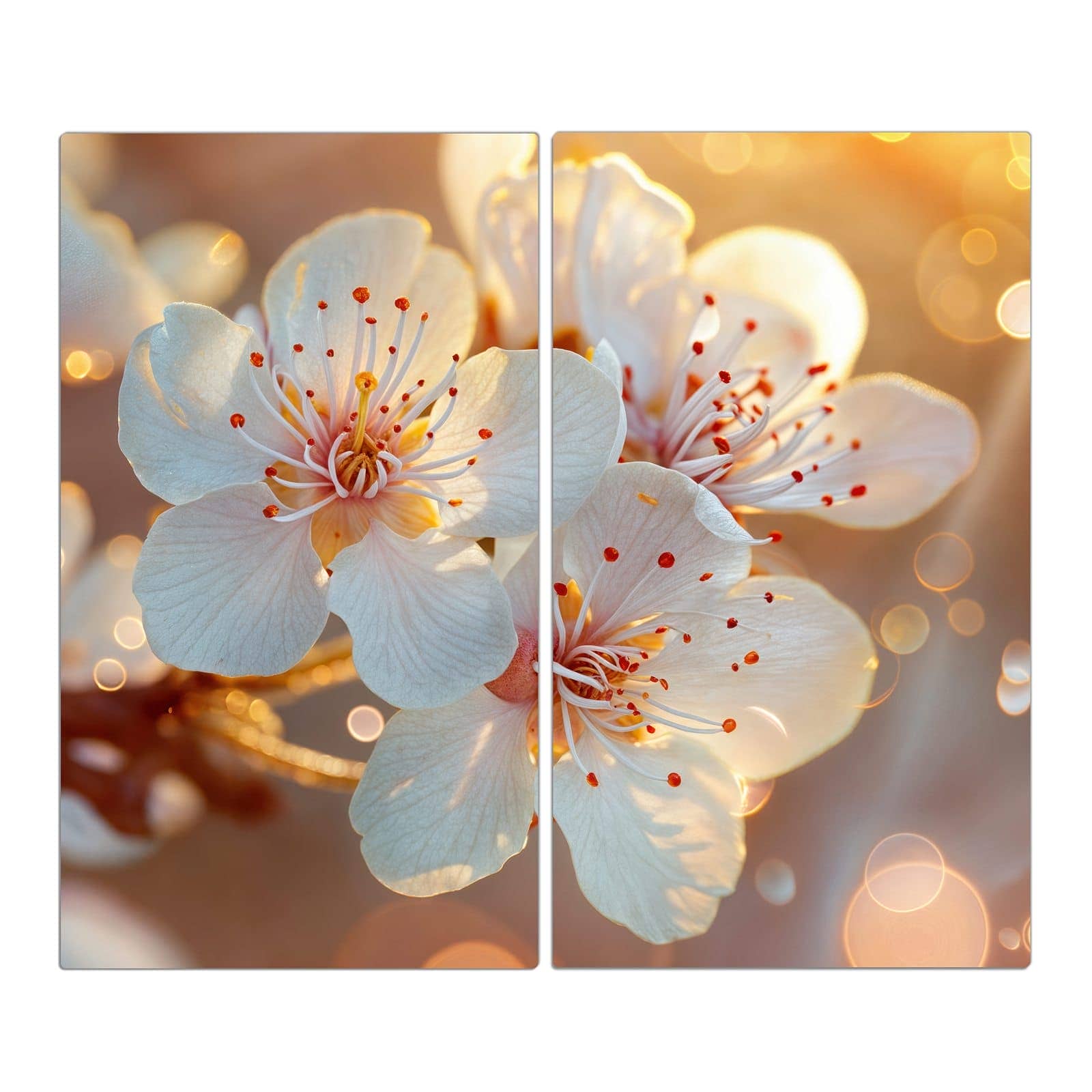 2-teilige Herdabdeckplatte mit Blüten im Sonnenlicht-Motiv in der Frontansicht #grösse_2-Teilig (60x52cm)