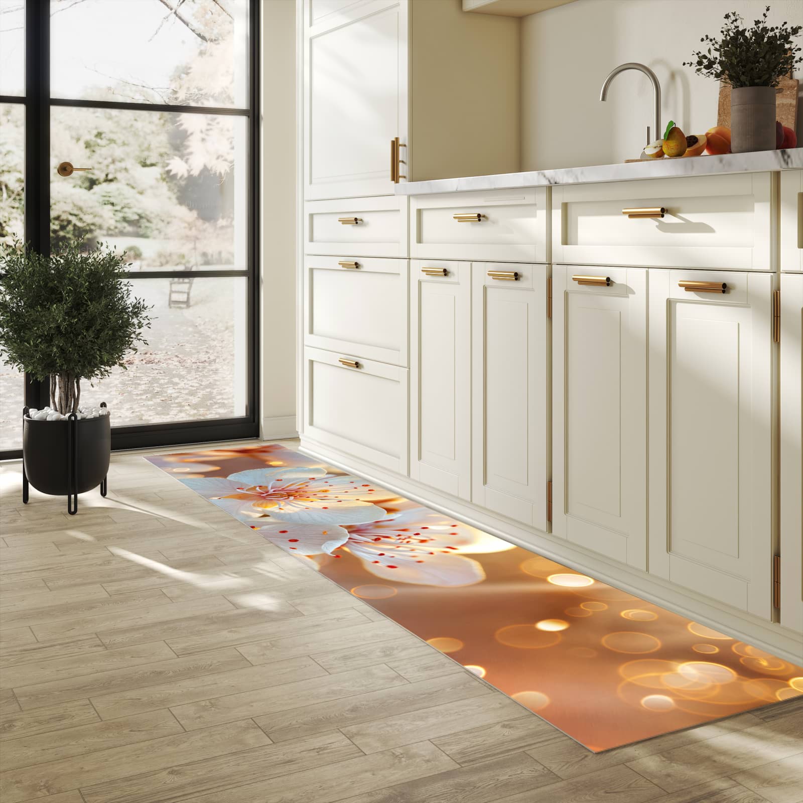 Langlebiger dünner Küchenteppich mit Motiv Blumenstrahlen in heller Küche