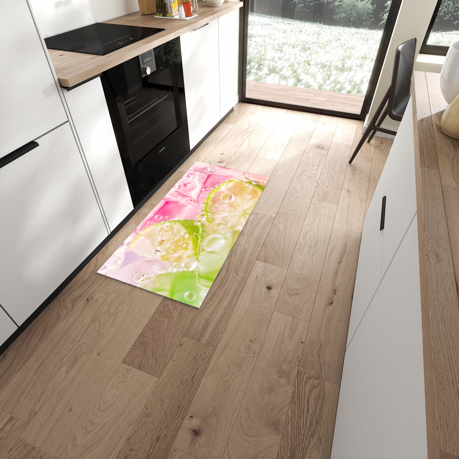 Langlebiger rutschfester Küchenteppich mit Motiv Limetten Spritzer in moderner Küche #grösse_60 x 120 cm