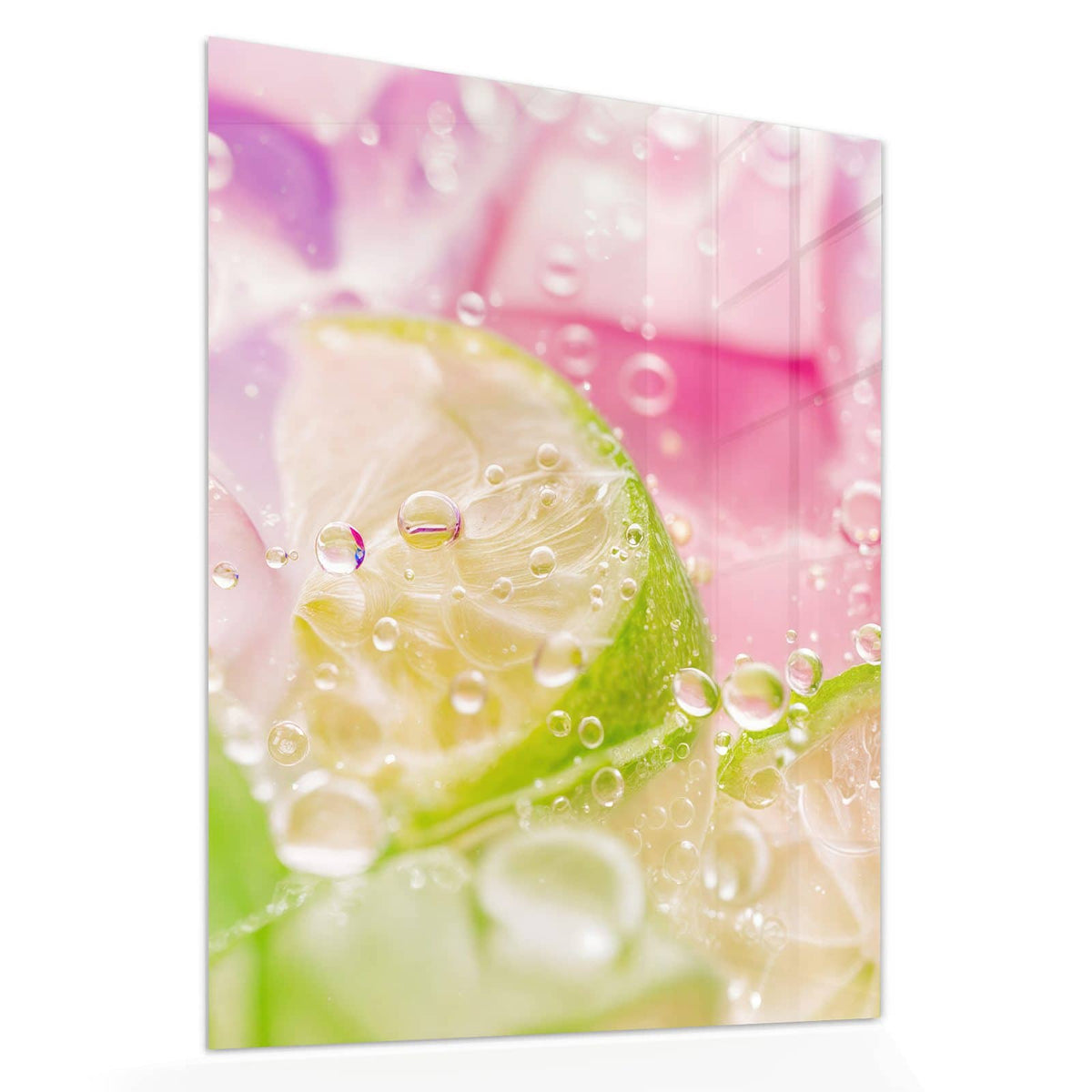 Echtglas, 4 mm – kein Acryl, keine Folie – Wandbild - Limetten auf Rosa - Hochformat