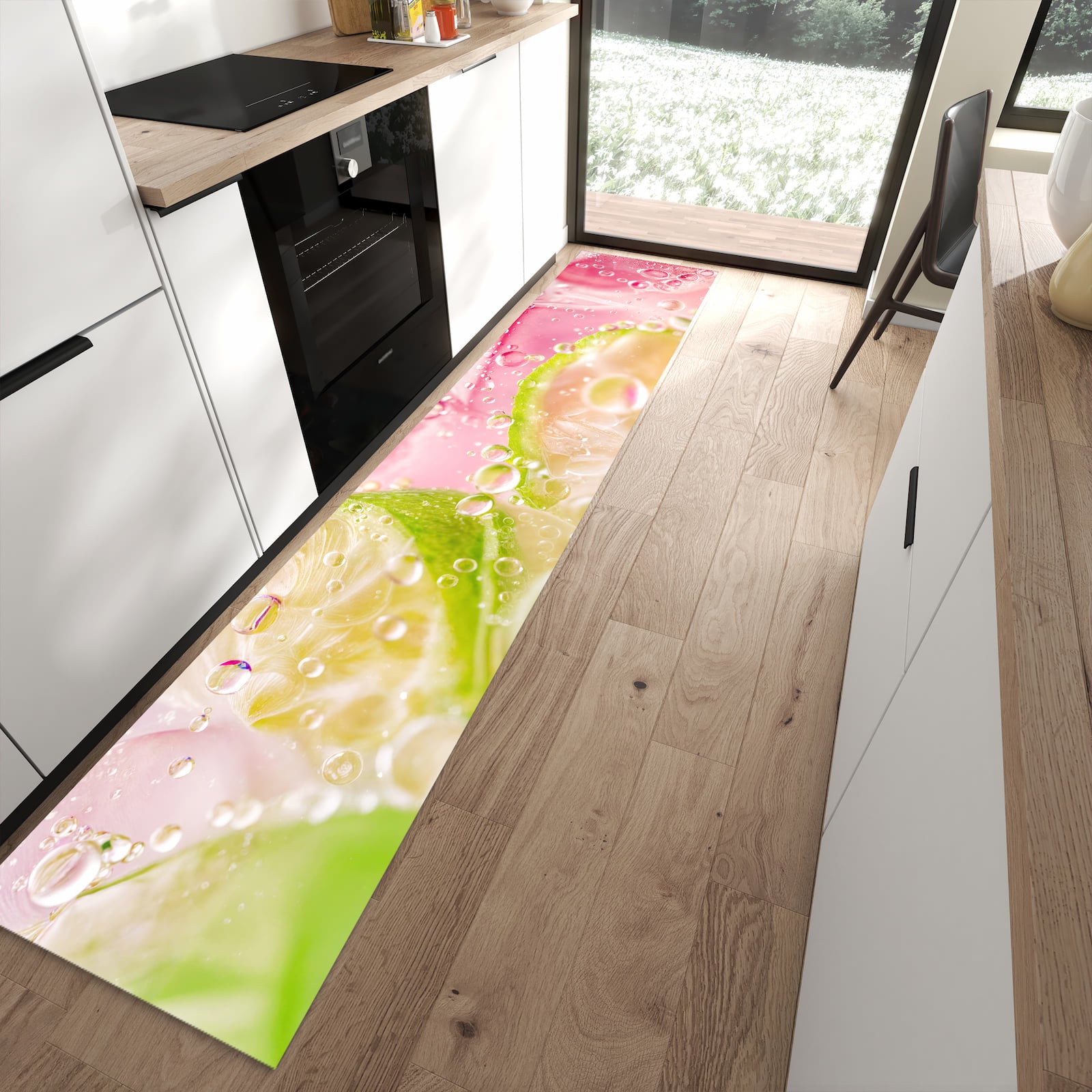 Bodenschonender Küchenläufer mit Motiv Limetten Spritzer in moderner Küche