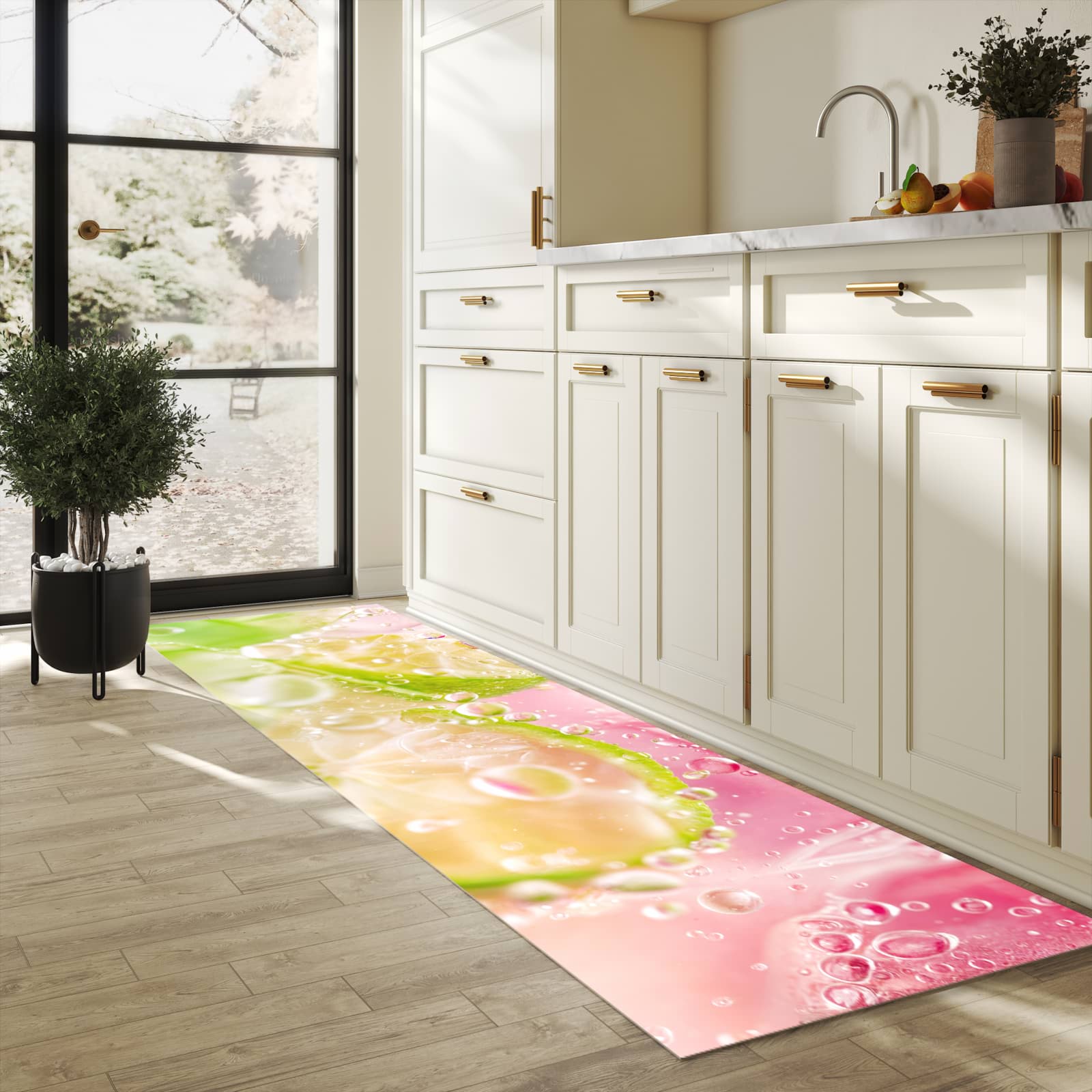 Geräuschdämpfender Küchenläufer mit Motiv Limetten Spritzer in heller Küche