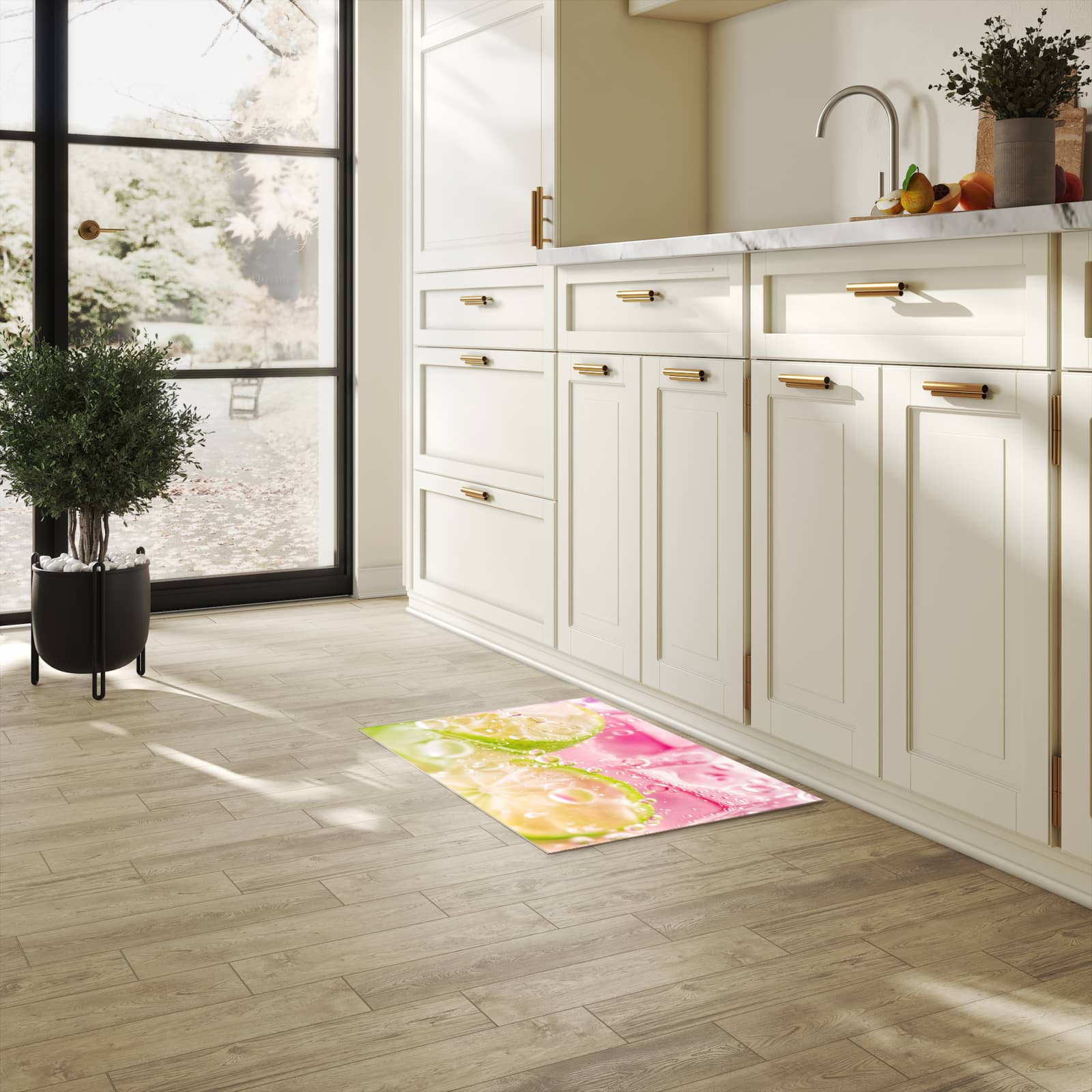 Farbbeständiger Küchenläufer mit Motiv Limetten Spritzer in heller Küche