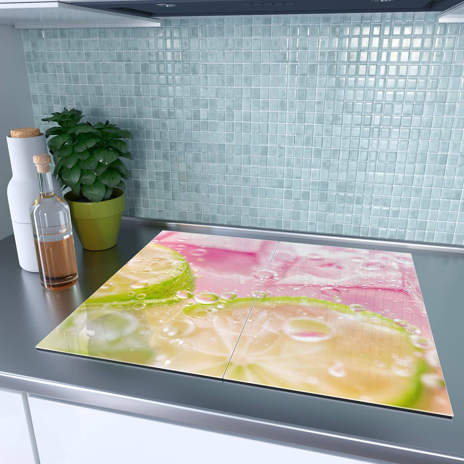 2-teilige Herdabdeckplatte für Ceranfeld mit Limetten Spritzer-Motiv auf dem Ceranfeld