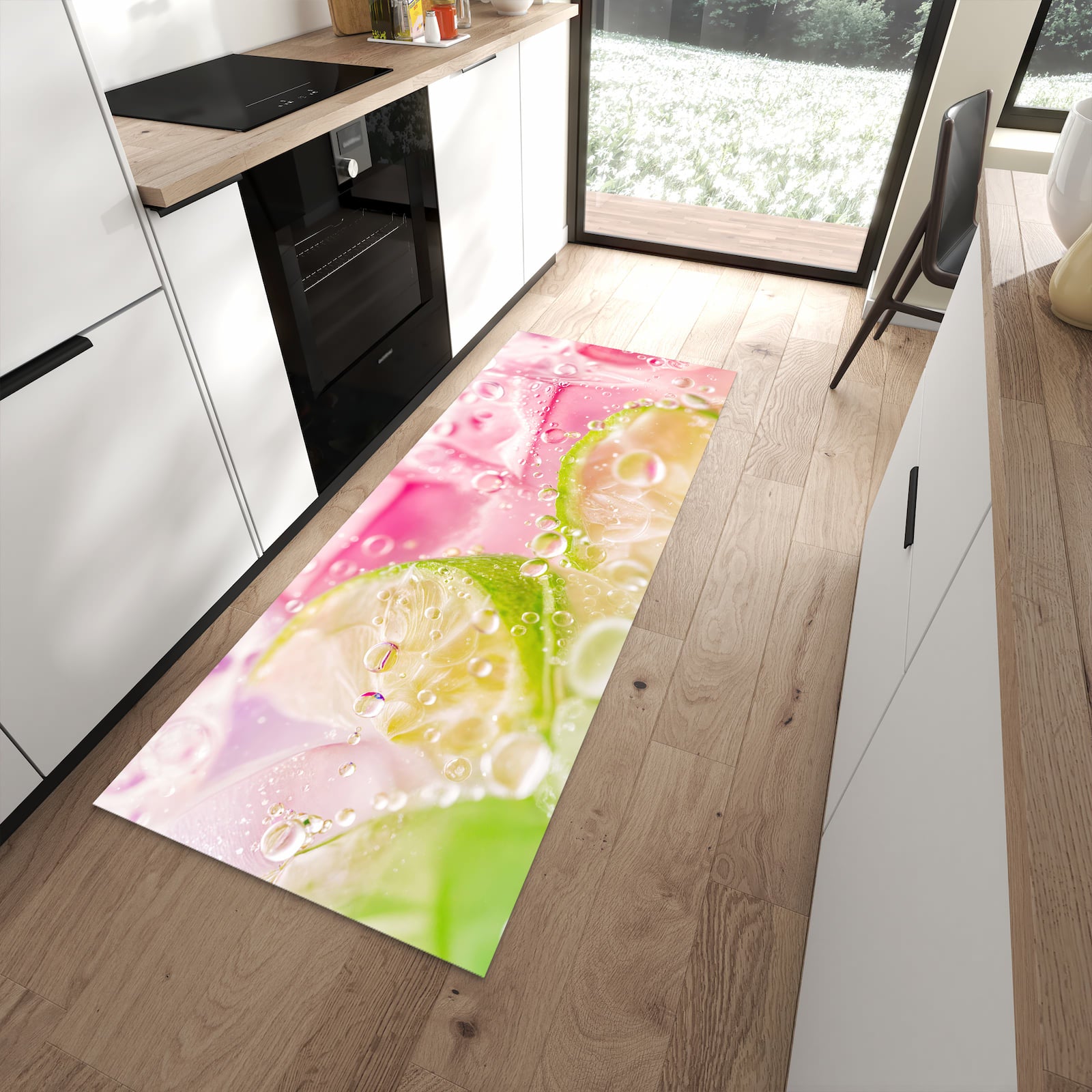 Formstabiler rutschfester Küchenläufer mit Motiv Limetten Spritzer in moderner Küche
