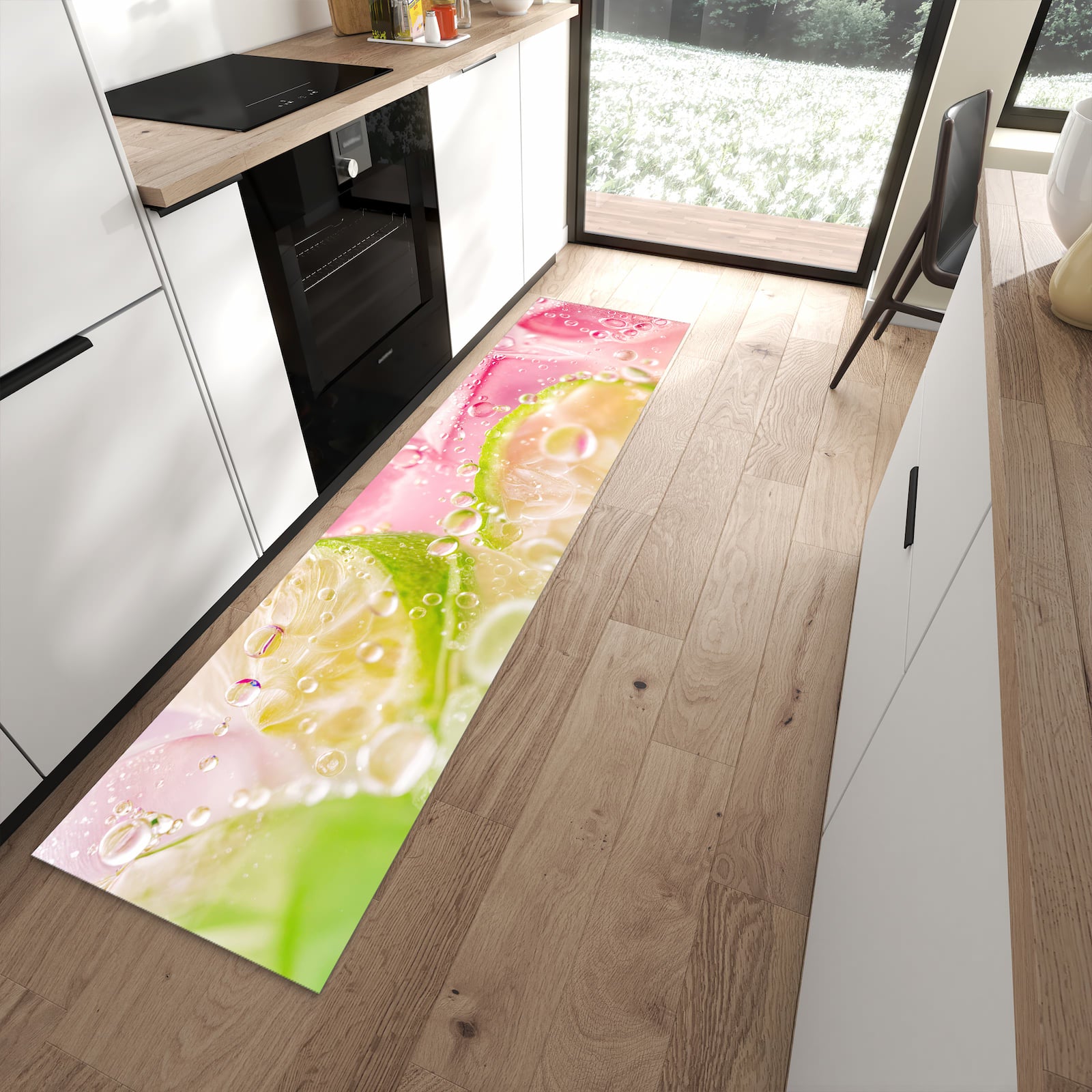 Bodenschonender Küchenläufer mit Motiv Limetten Spritzer in moderner Küche