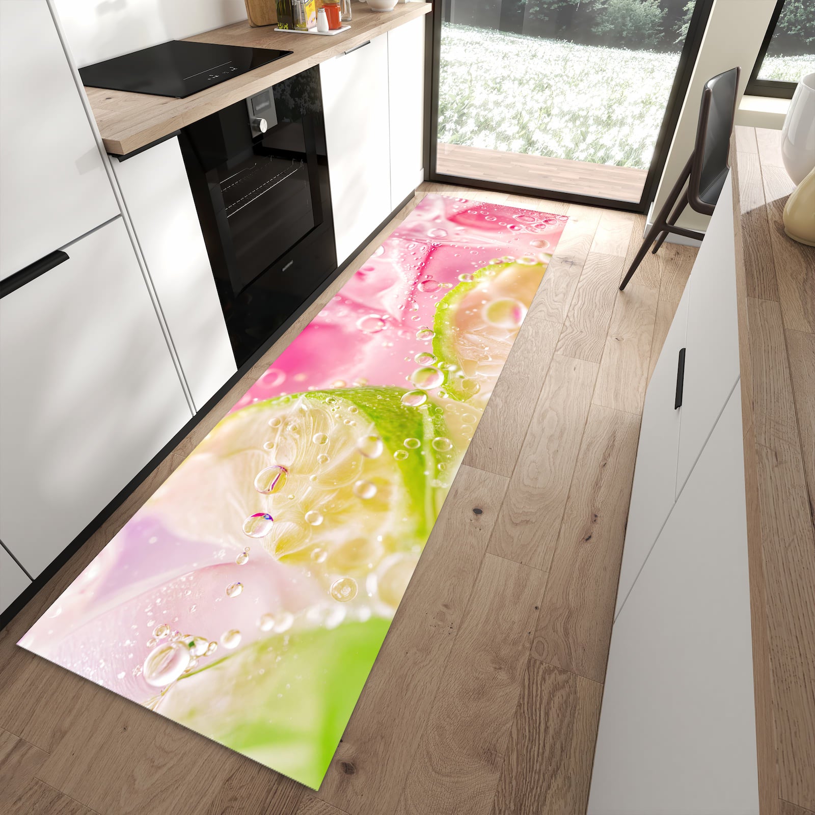 Zeitsparender rutschfester Küchenläufer mit Motiv Limetten Spritzer in moderner Küche