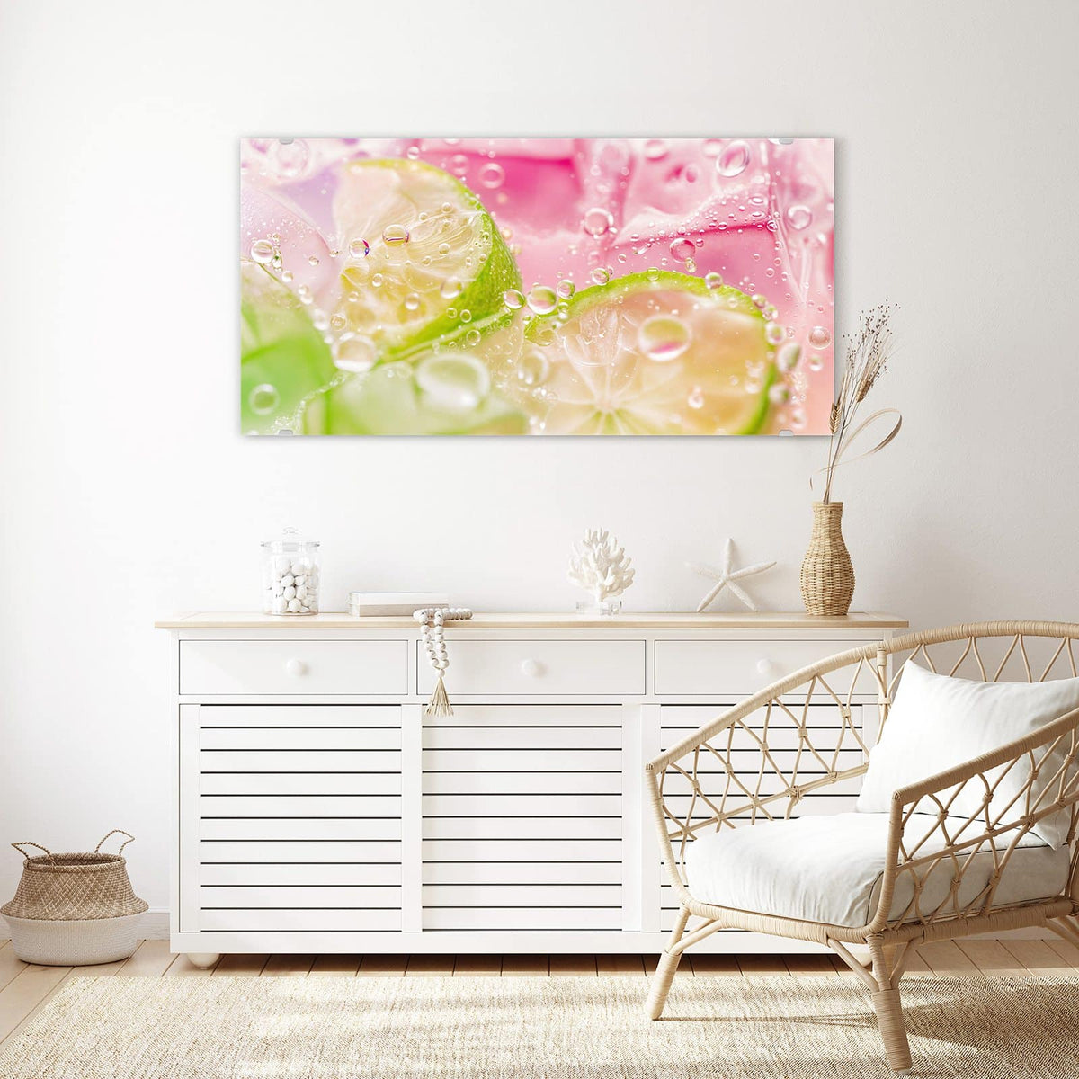 Echtglas, 4 mm – kein Acryl, keine Folie – Wandbild - Limetten auf Rosa - Querformat