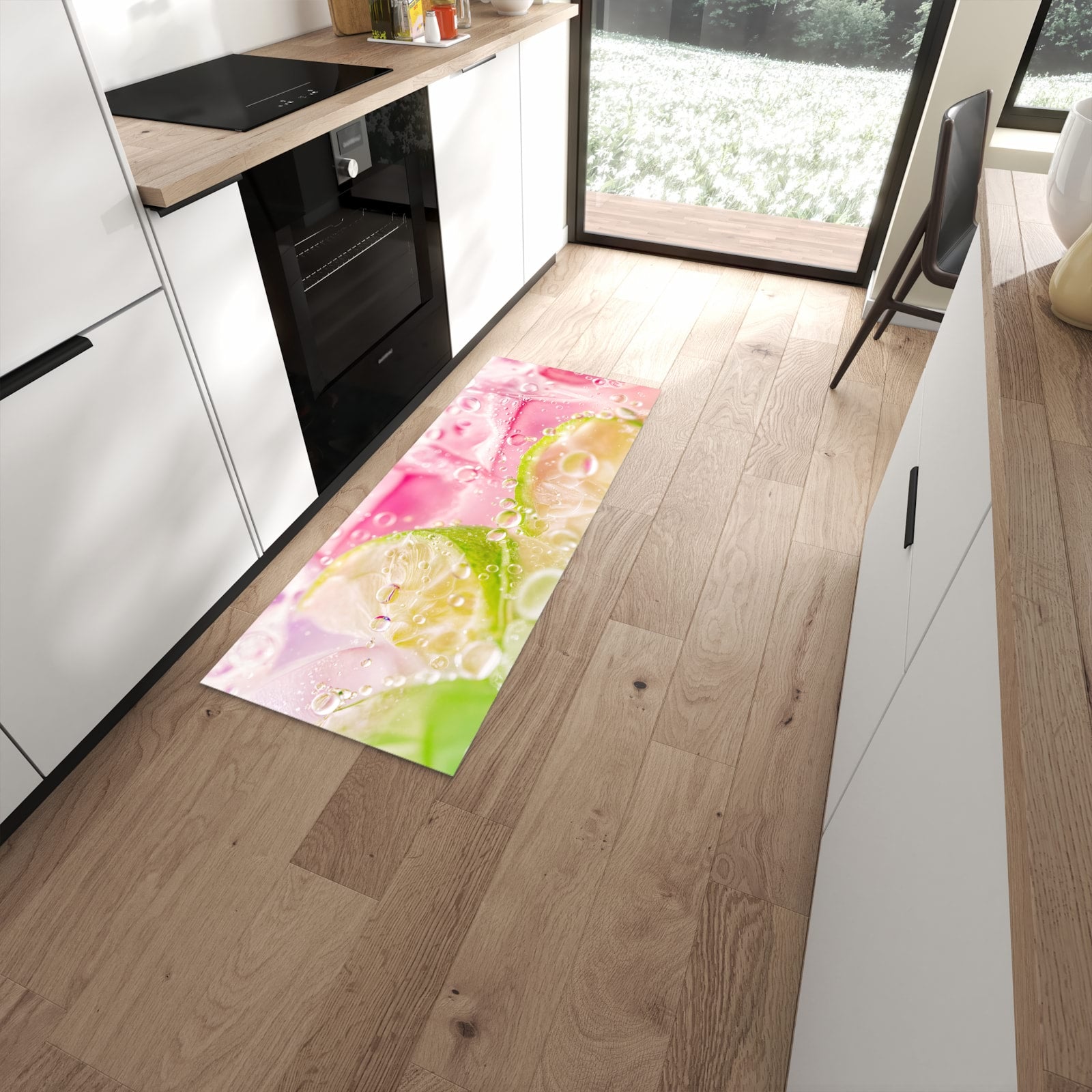 Rutschfester Küchenteppich mit Motiv Limetten Spritzer in moderner Küche #grösse_60 x 150 cm