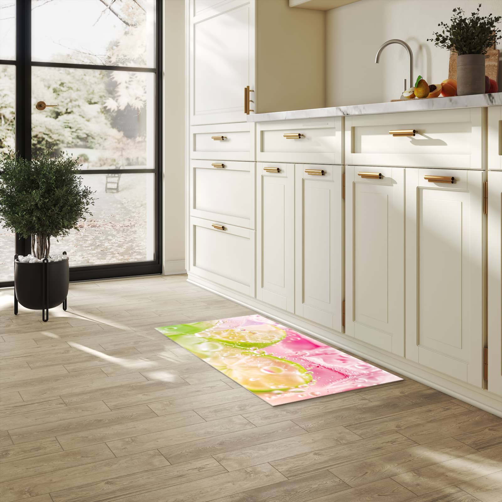 Langlebiger Teppich für die Küche mit Motiv Limetten Spritzer in heller Küche