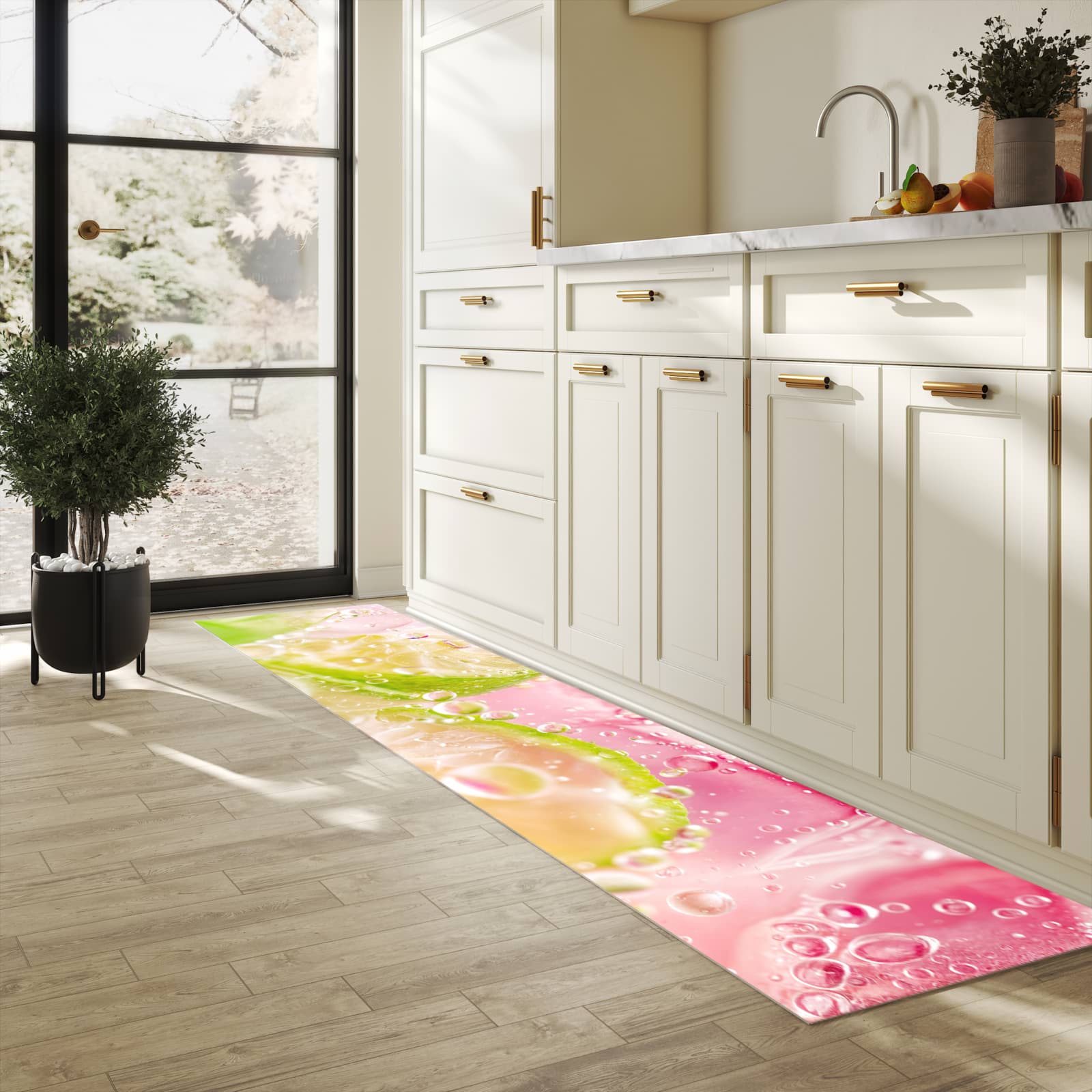 Bodenschonender Läufer für die Küche mit Motiv Limetten Spritzer in heller Küche