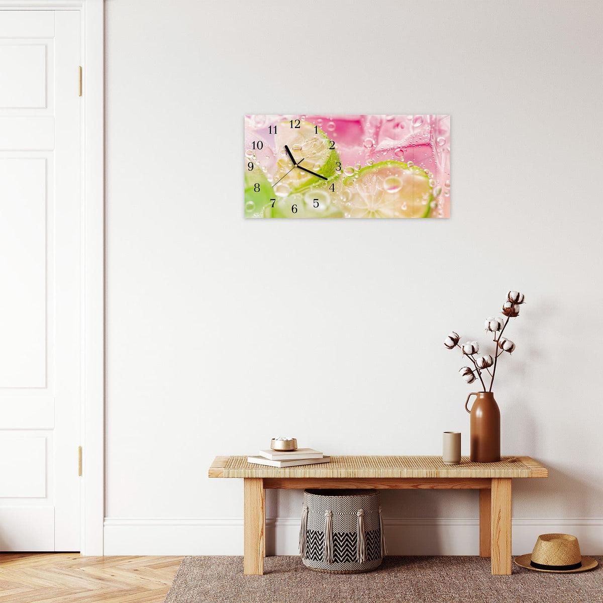 Moderne Wanduhr aus Glas mit Farbtiefe – Wanduhr Limetten Spritzer aus Glas – Querformat 60 × 30 cm