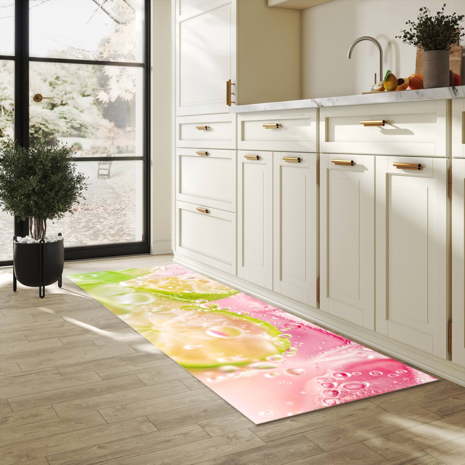 Küchenvorleger mit Motiv Limetten Spritzer in heller Küche für sichere Aufbewahrung