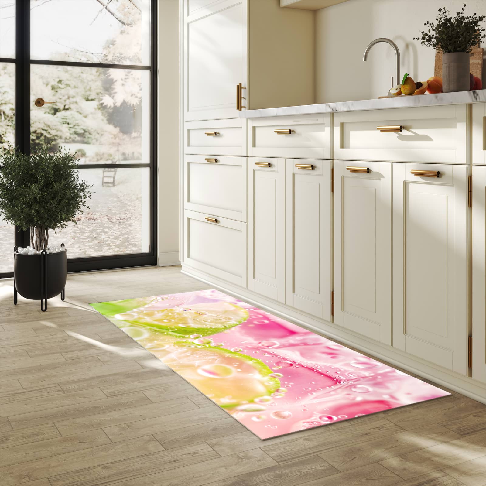 Formstabiler Küchenläufer mit Motiv Limetten Spritzer in heller Küche