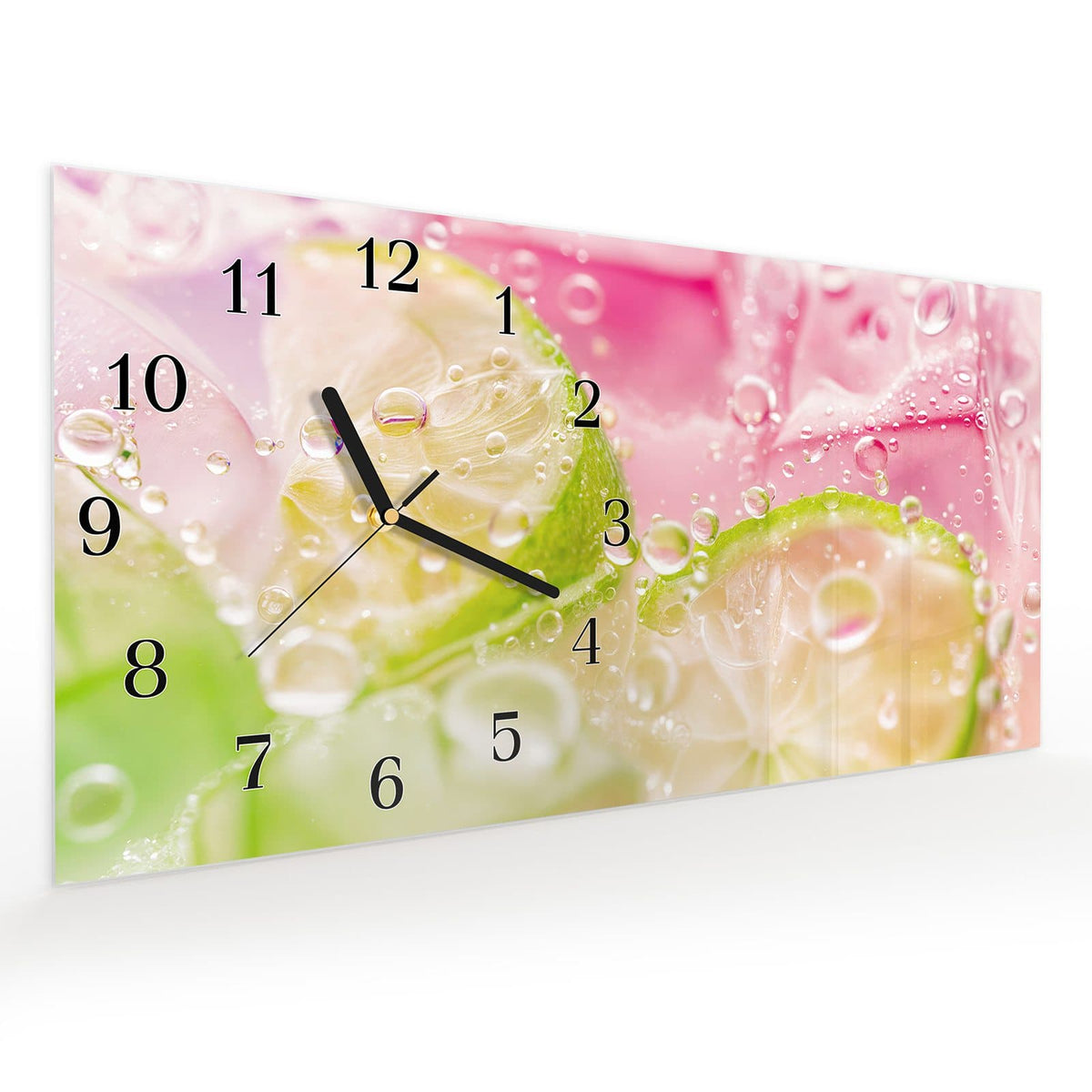 Vormontiert – mit Schwebeeffekt – Wanduhr Limetten Spritzer aus Glas – Querformat 60 × 30 cm