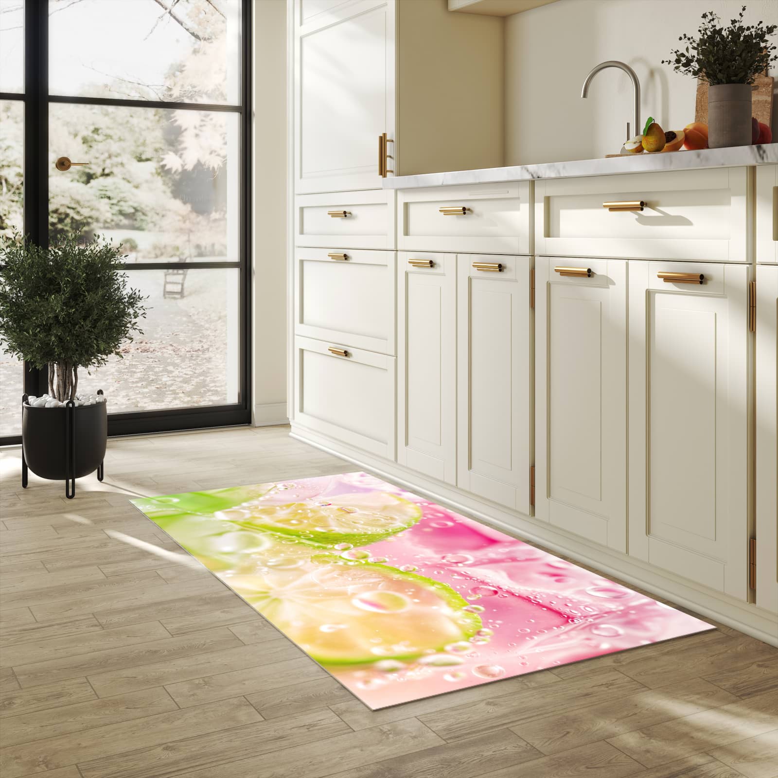 Abriebfester Küchenläufer mit Motiv Limetten Spritzer in heller Küche