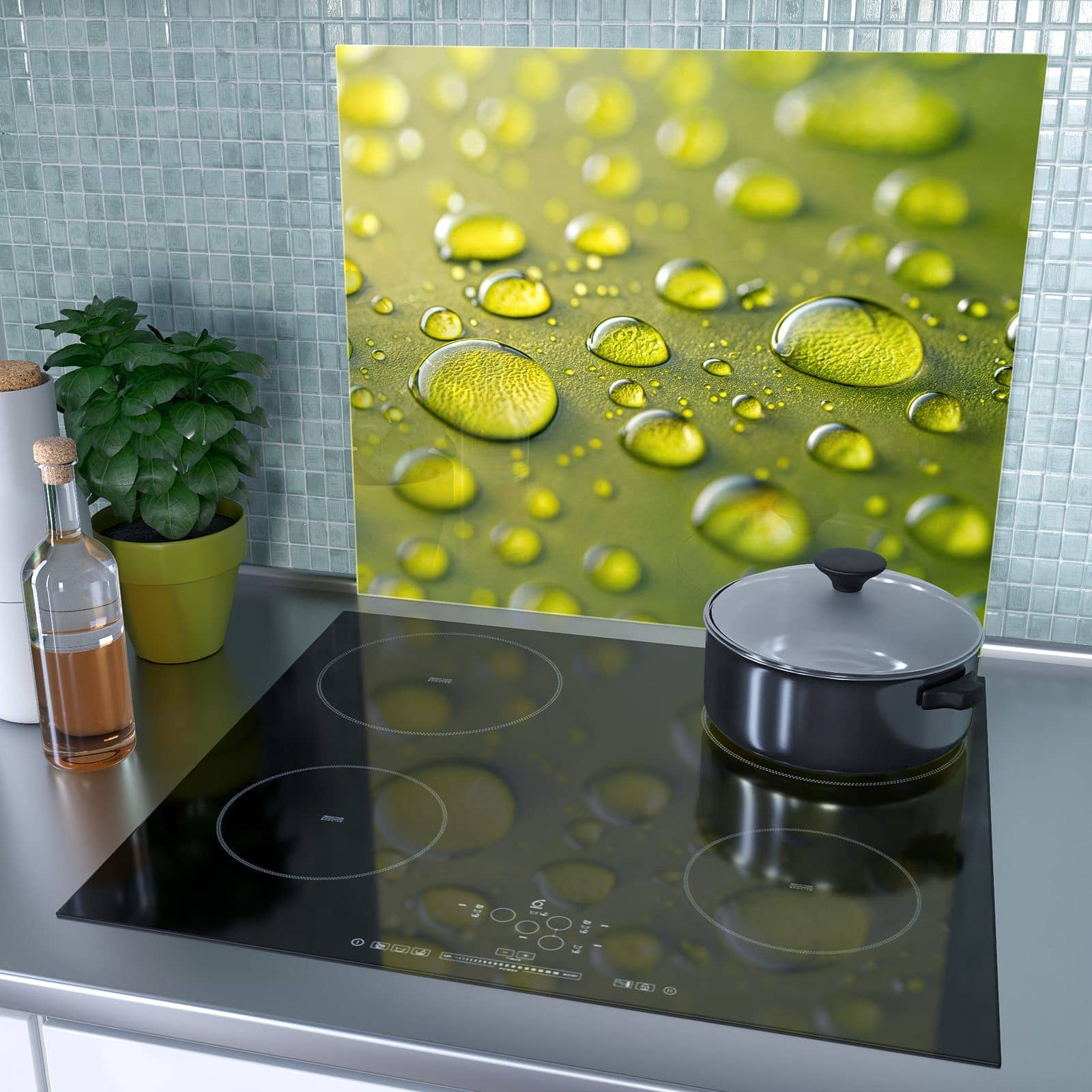 1-teilige Herdabdeckung aus Glas mit Wassertropfen Nah-Motiv als Spritzschutz hinter dem Kochfeld