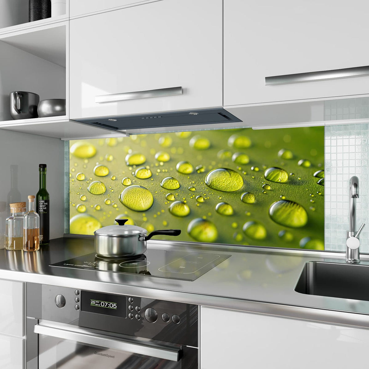 Küchenrückwand aus Glas Große Tropfen in Oliv im Hochformat als Spritzschutz hinter dem Kochfeld, über dem Fliesenspiegel montiert