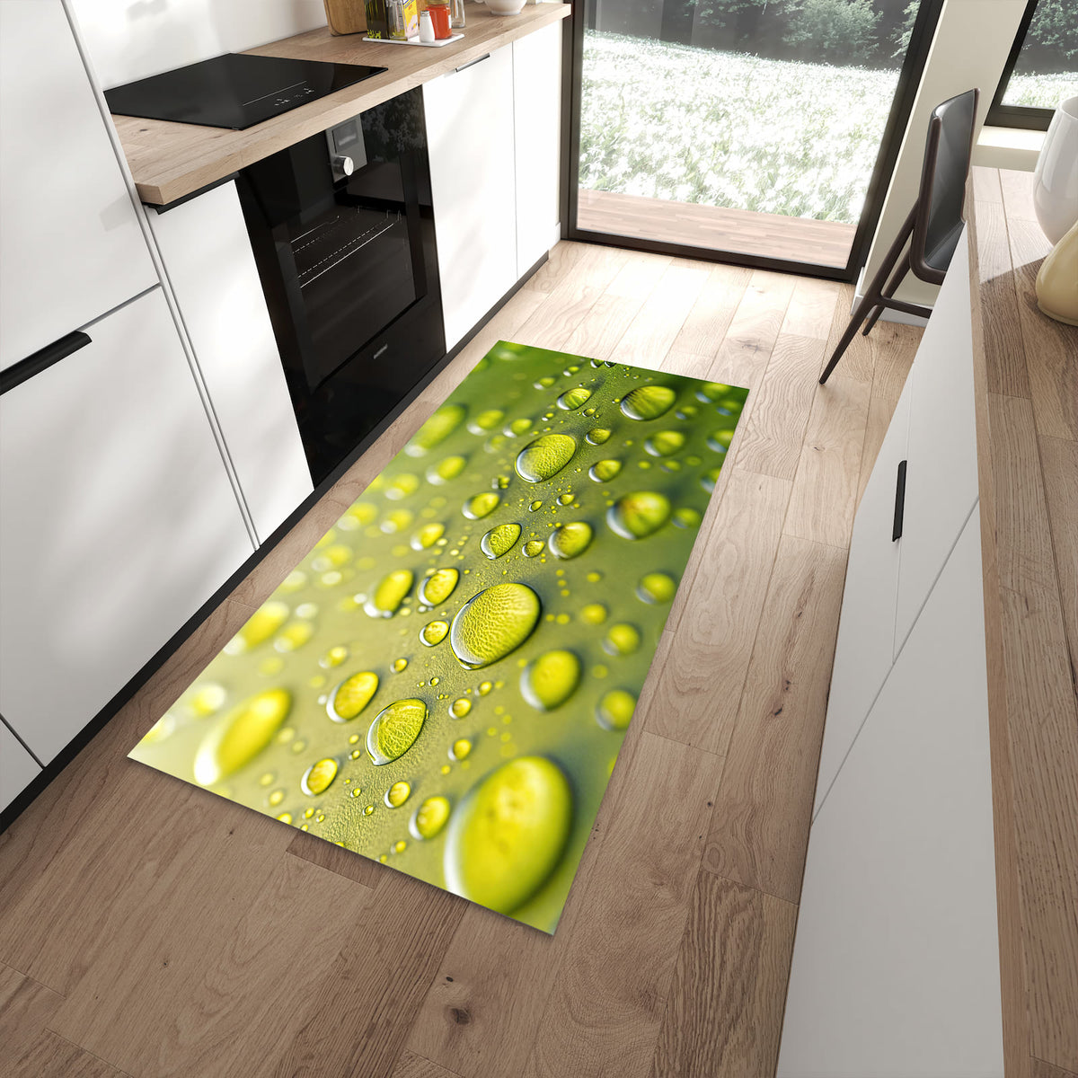 Strapazierfähiger waschbarer Küchenteppich mit Motiv Wassertropfen anschaulich in moderner Küche