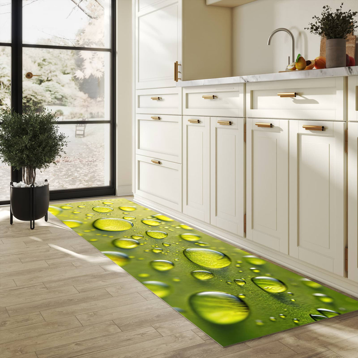 Hygienischer Küchenteppich mit Motiv Wassertropfen anschaulich in heller Küche
