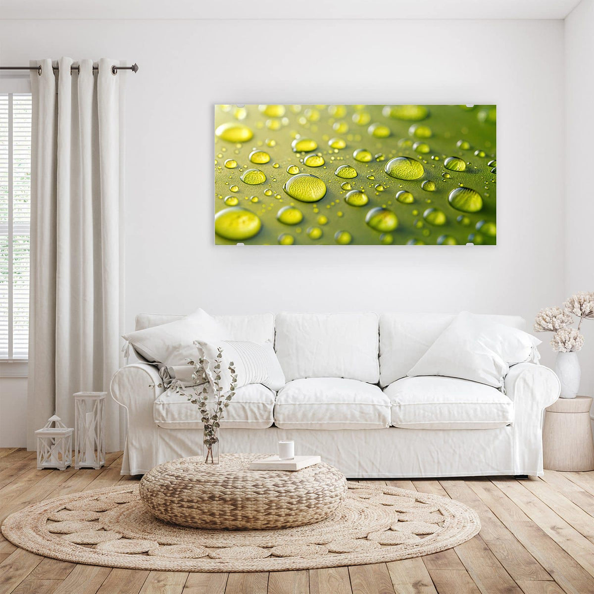 Wandbild - Große Tropfen in Oliv - Querformat – Klare Tropfen auf olivgrüner Fläche
