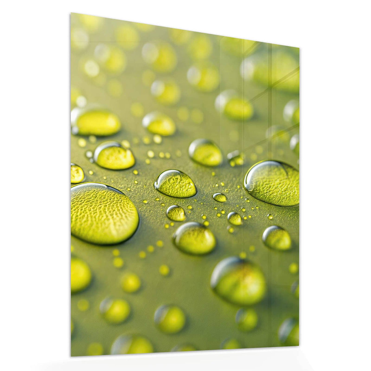 Echtglas, 4 mm – kein Acryl, keine Folie – Wandbild - Große Tropfen in Oliv - Hochformat