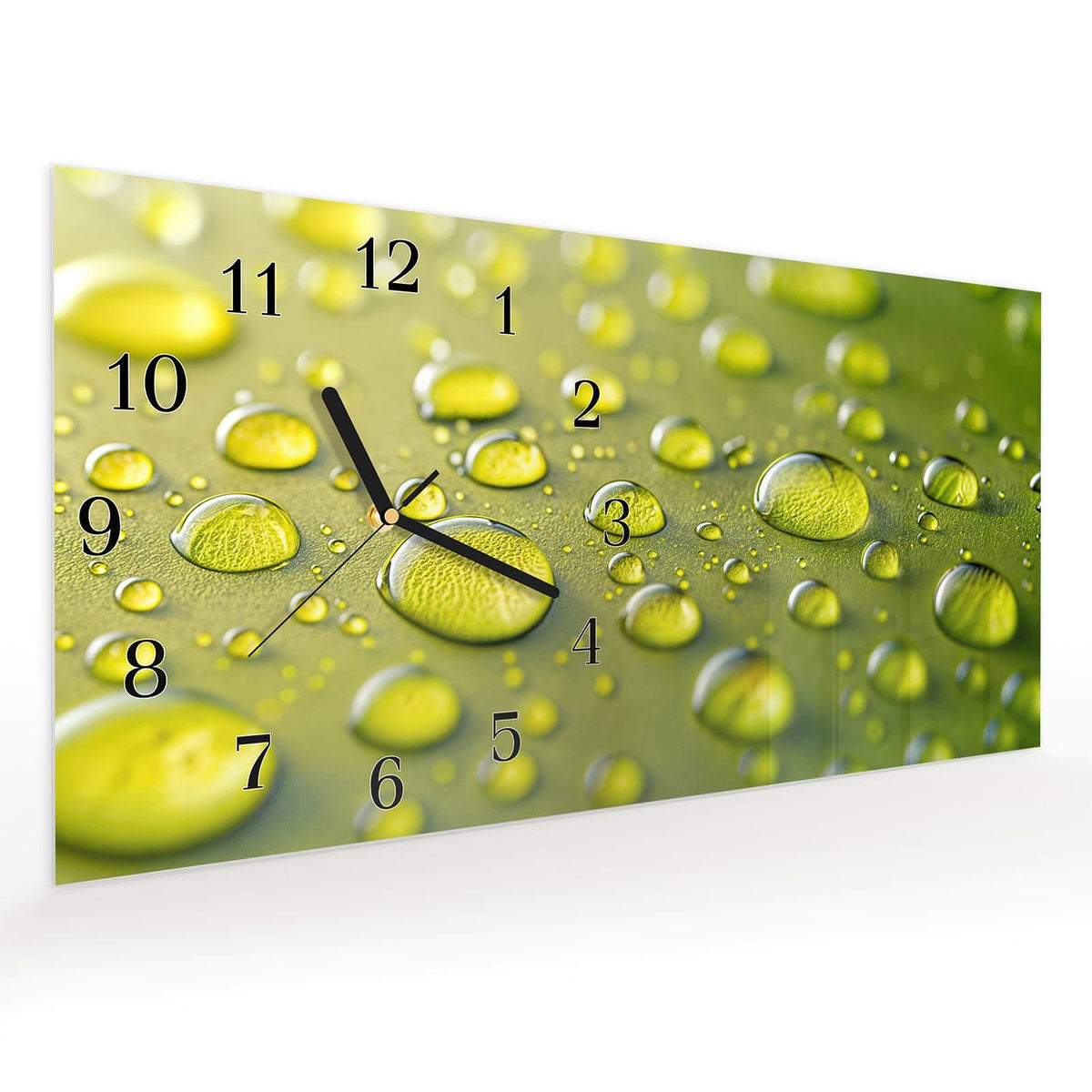 Vormontiert – mit Schwebeeffekt – Wanduhr Wassertropfen Nah aus Glas – Querformat 60 × 30 cm