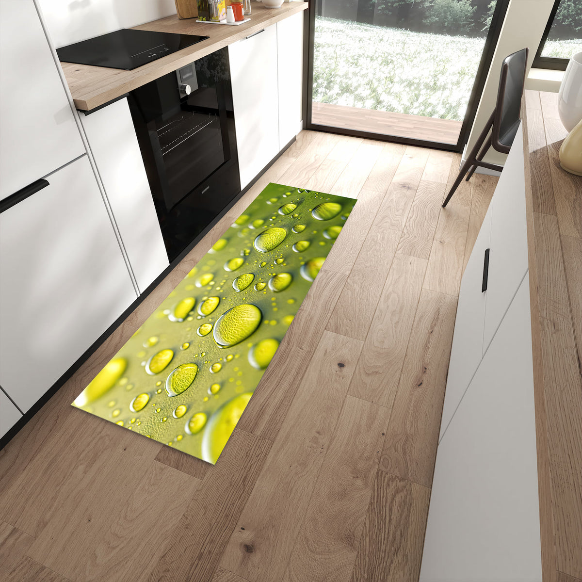 Geruchsneutraler rutschfester Küchenteppich mit Motiv Wassertropfen anschaulich in moderner Küche