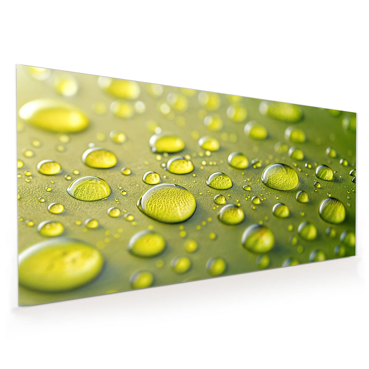 Küchenrückwand aus Glas im Hochformat: Makroaufnahme großer, klarer Tropfen auf olivgrüner Oberfläche, Hintergrund unscharf