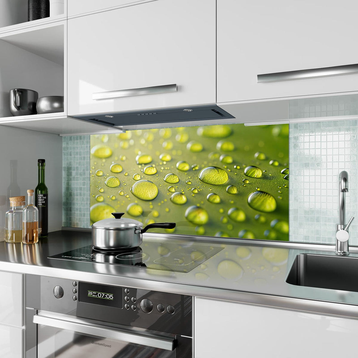 Küchenrückwand aus Glas Große Tropfen in Oliv im Hochformat als Spritzschutz hinter dem Kochfeld, über dem Fliesenspiegel montiert
