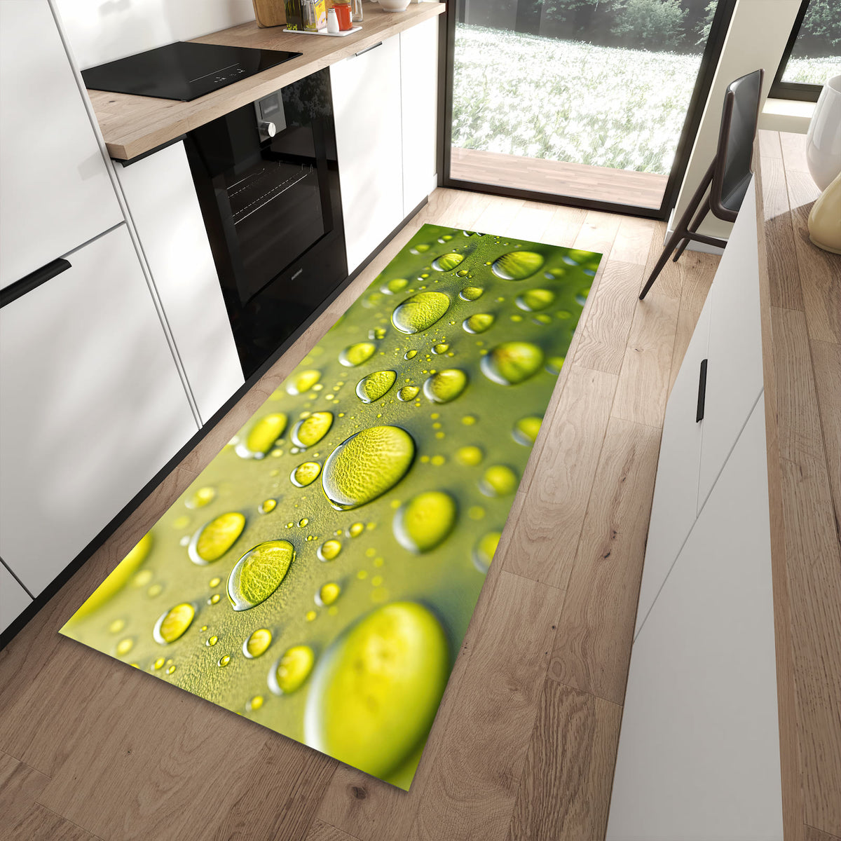 Waschbarer großer Küchenteppich mit Motiv Wassertropfen anschaulich in moderner Küche