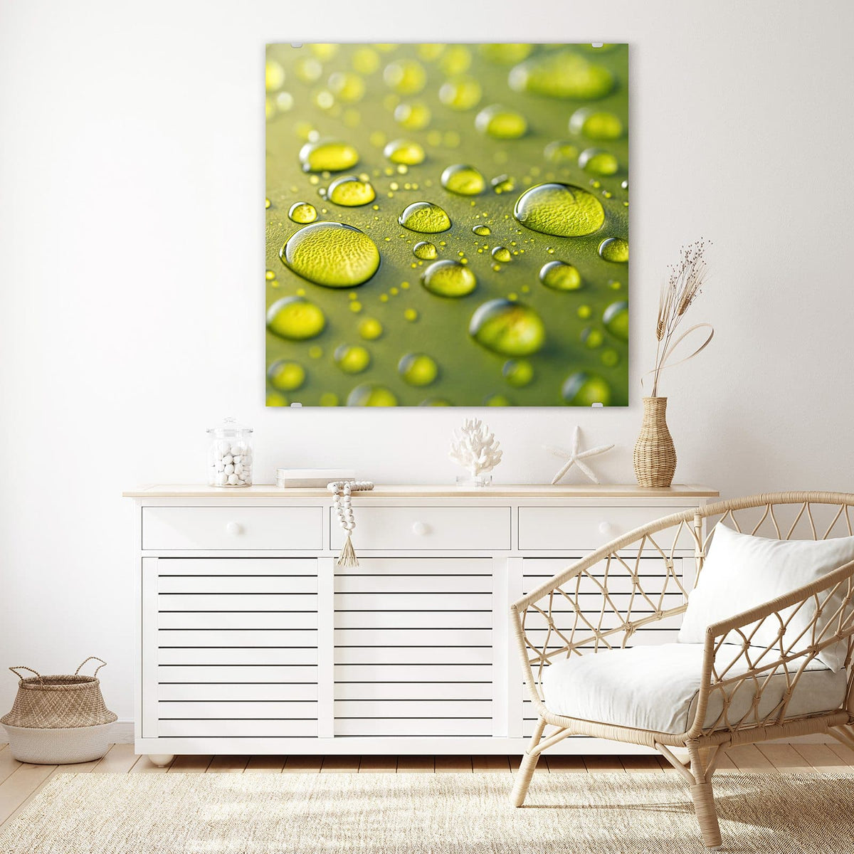 Echtglas, 4 mm – kein Acryl, keine Folie – Wandbild - Große Tropfen in Oliv - Quadratisch