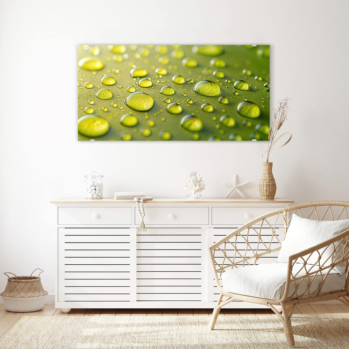 Echtglas, 4 mm – kein Acryl, keine Folie – Wandbild - Große Tropfen in Oliv - Querformat