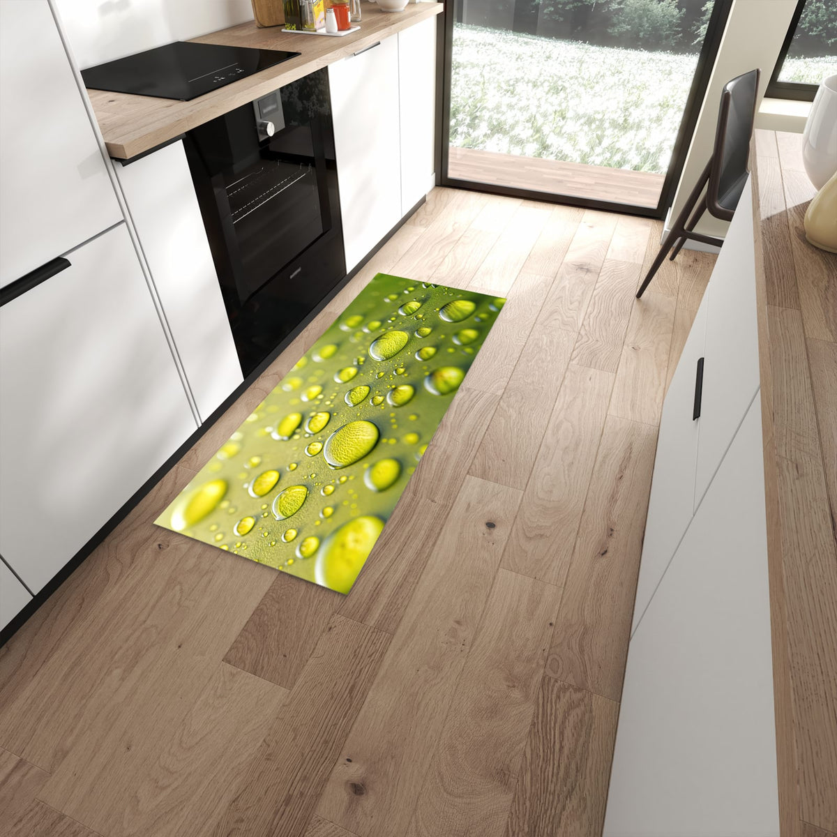 Schmutzabweisender Teppich für Esstisch mit Motiv Wassertropfen anschaulich in moderner Küche #grösse_60 x 150 cm