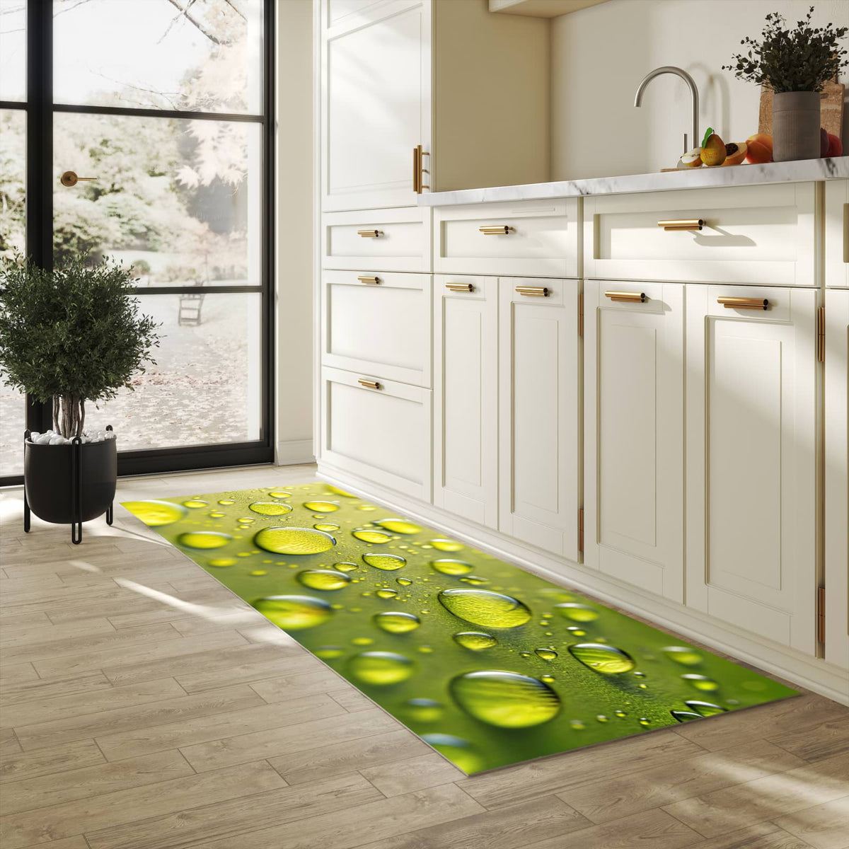 Abwaschbarer Küchenteppich mit Motiv Wassertropfen anschaulich in heller Küche