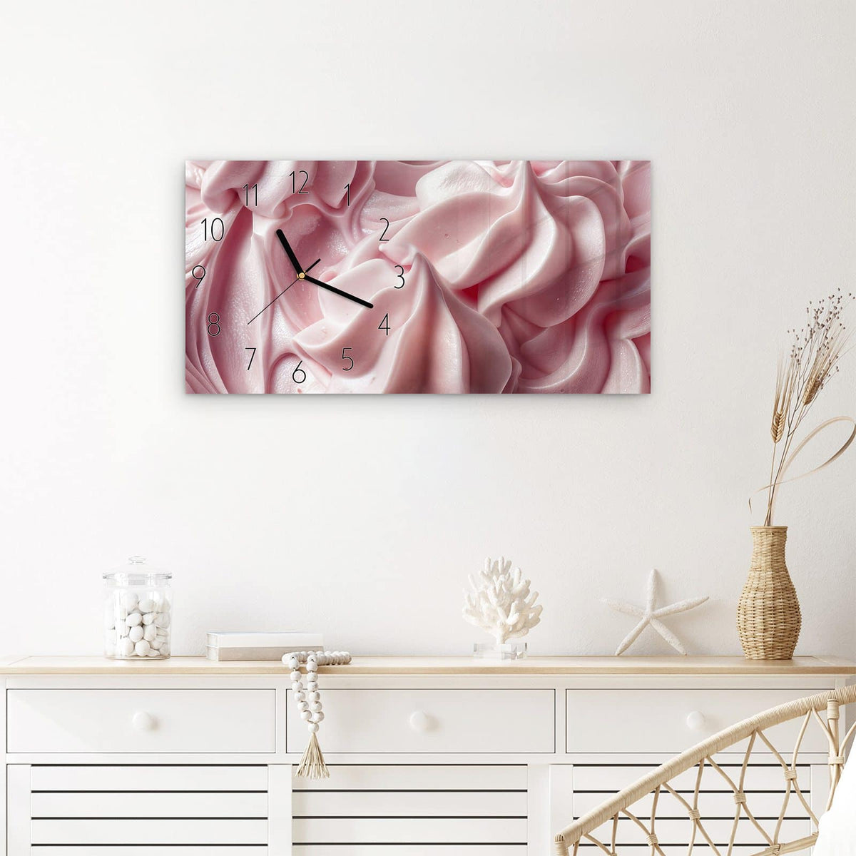 Wanduhr Zartes Schaumcreme aus Glas – Querformat 60 × 30 cm – Cremige Wellen in zartem Rosa