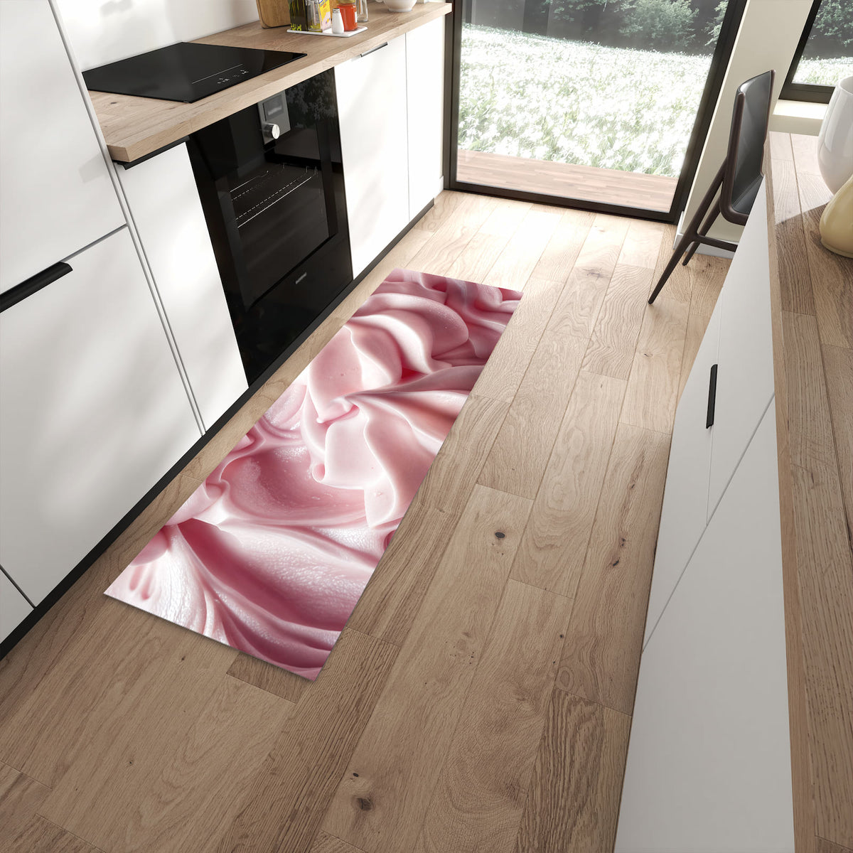 Ordnungsschaffender Küchenläufer mit Motiv Zartes Schaumcreme in moderner Küche