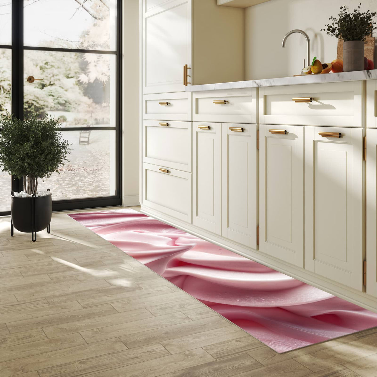 Formstabiler großer Küchenteppich mit Motiv Zartes Schaumcreme in heller Küche