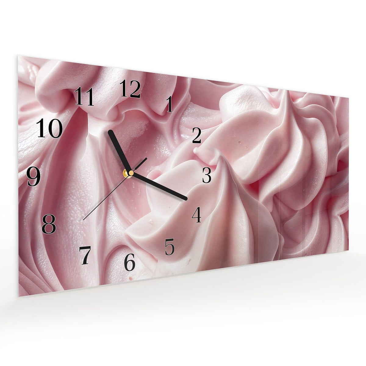 Vormontiert – mit Schwebeeffekt – Wanduhr Zartes Schaumcreme aus Glas – Querformat 60 × 30 cm