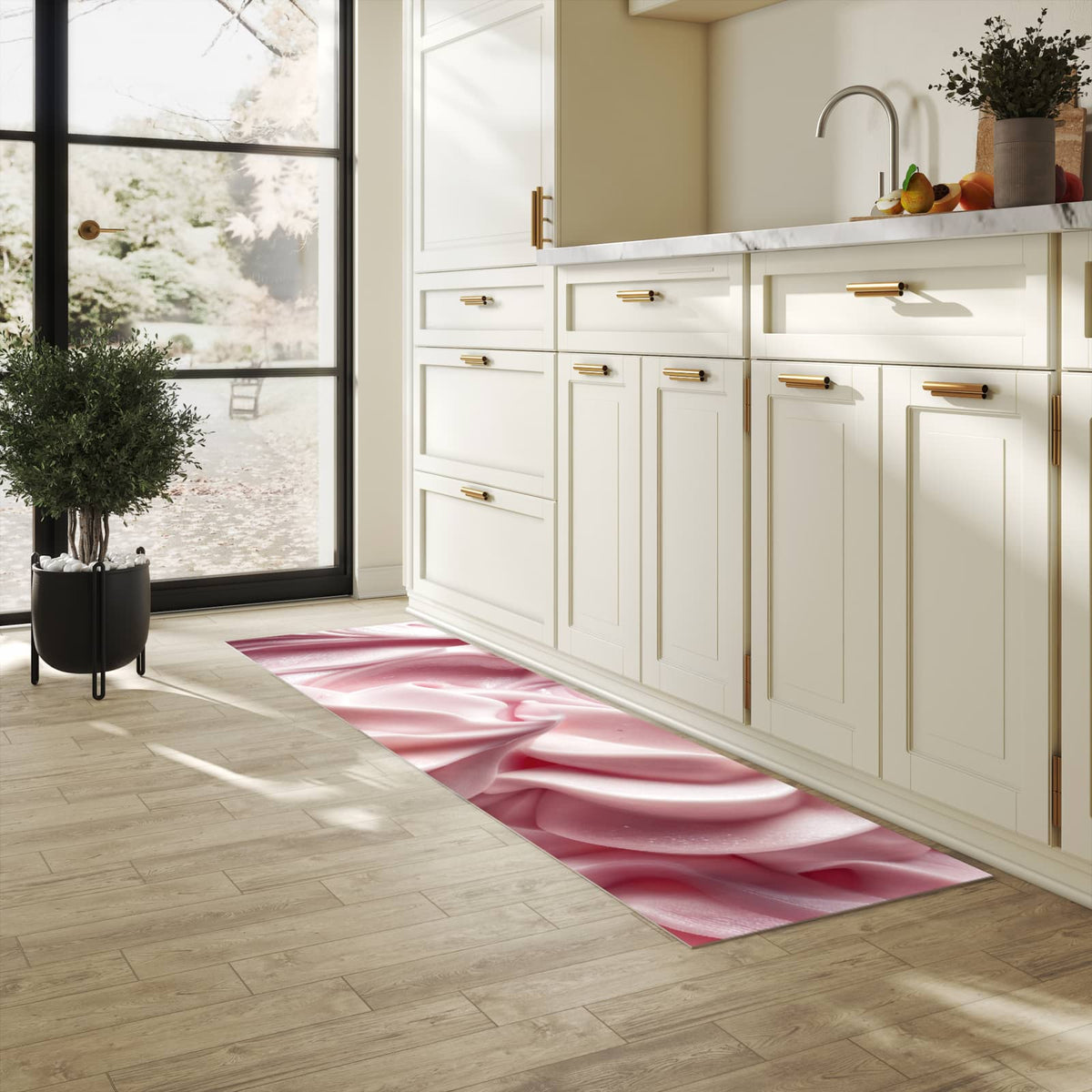 Bodenschonender waschbarer Küchenteppich mit Motiv Zartes Schaumcreme in heller Küche