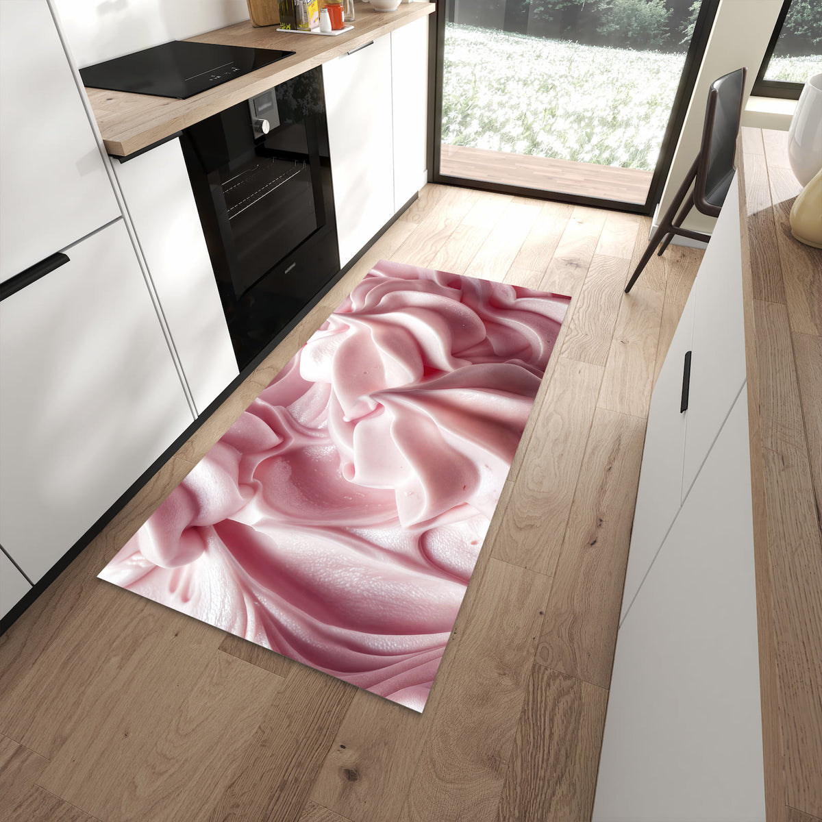 Rutschfester Küchenteppich mit Motiv Zartes Schaumcreme für Trittkomfort in moderner Küche