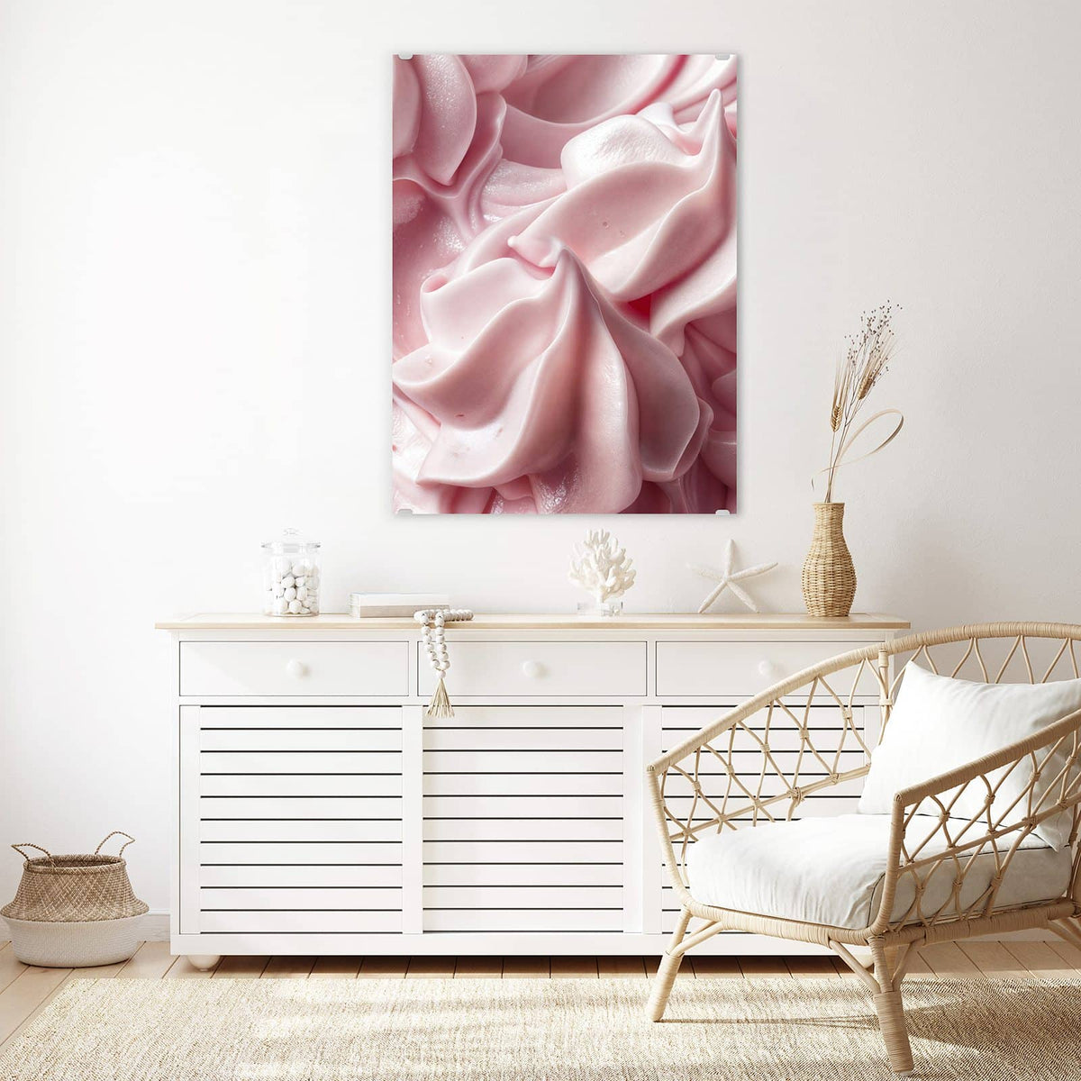 Aufhängung liegt bei – Motiv später wechselbar – Wandbild - Rosa Cremewellen - Hochformat