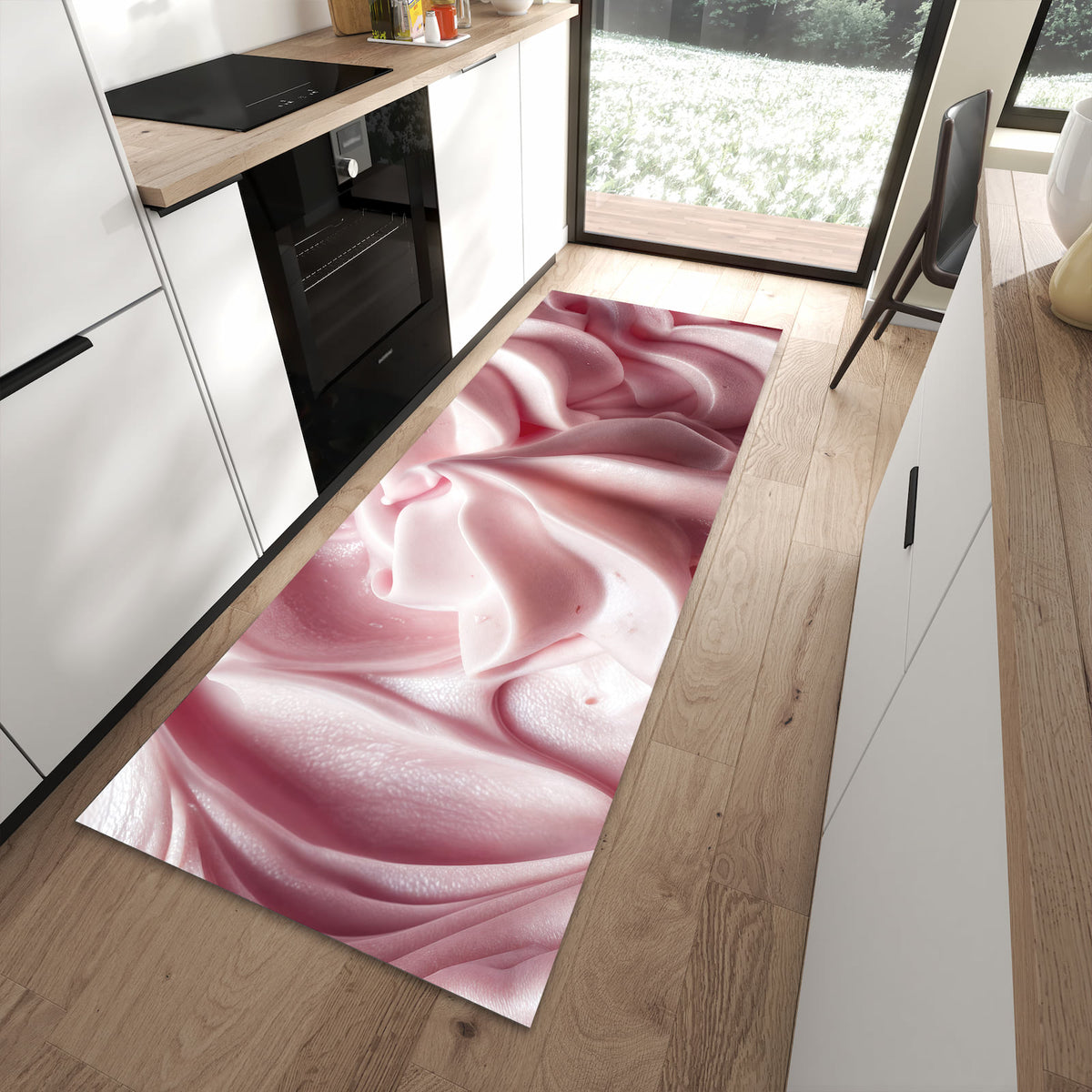Waschbarer dünner Küchenteppich mit Motiv Zartes Schaumcreme in moderner Küche