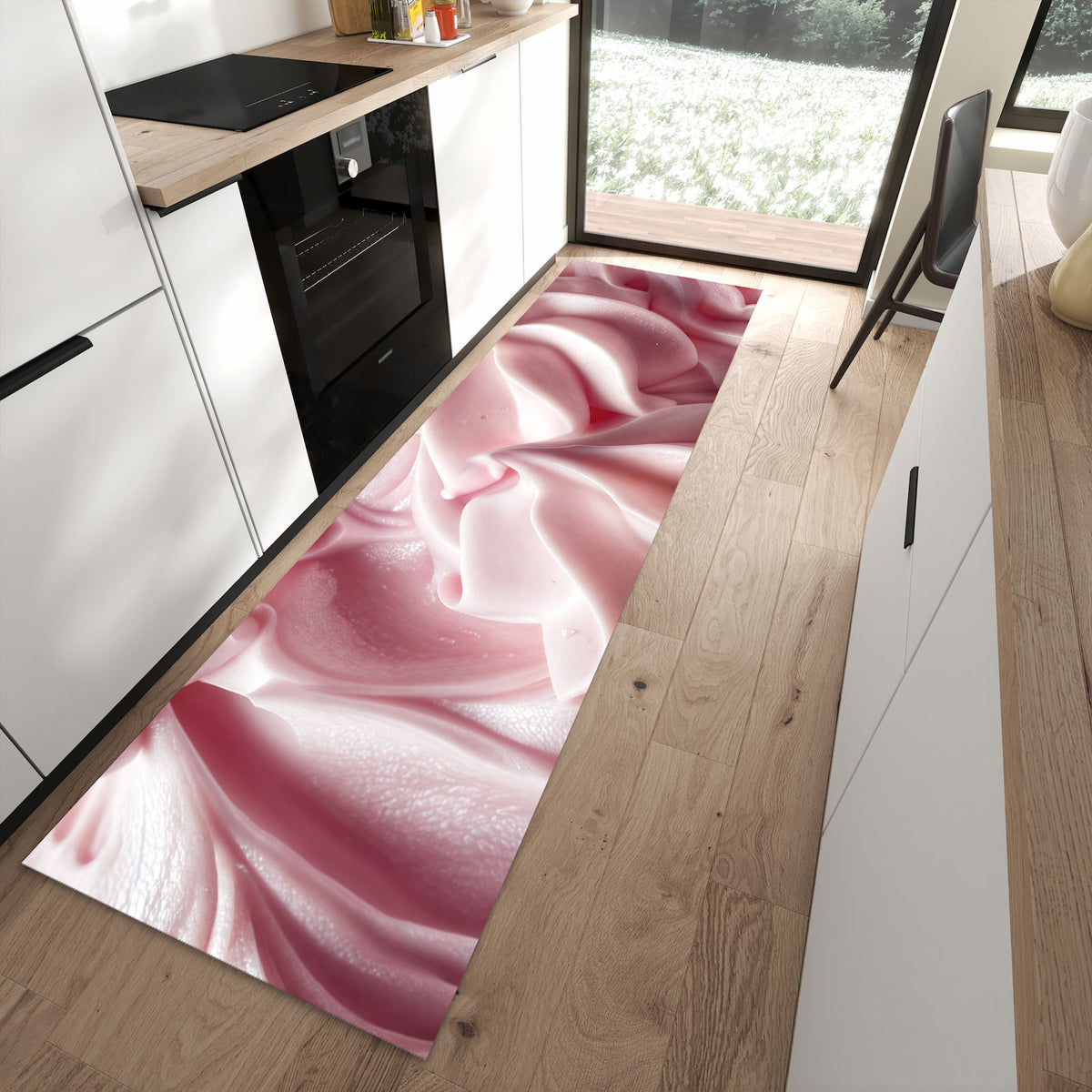 Abriebfester rutschfester Läufer mit Motiv Zartes Schaumcreme in moderner Küche