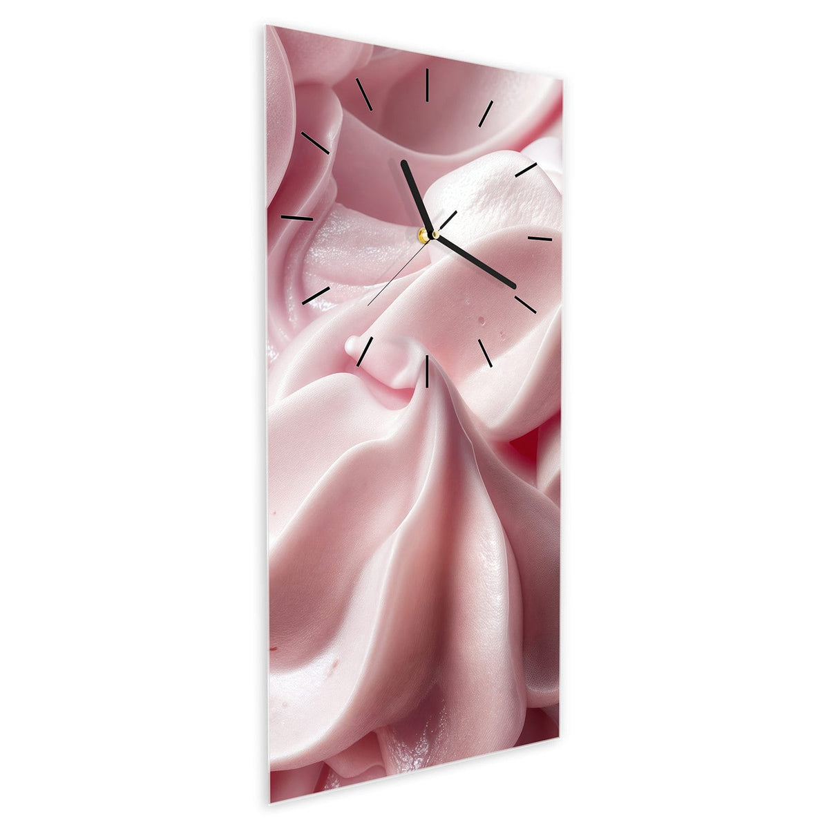 Wanduhr aus Glas im Hochformat Rosa Cremewellen schräg von der Seite, 4 mm starkes Glas
