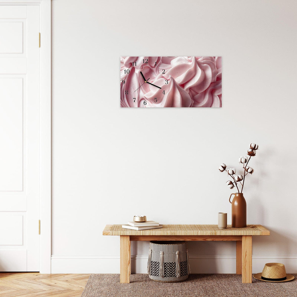 Moderne Wanduhr aus Glas mit Farbtiefe – Wanduhr Zartes Schaumcreme aus Glas – Querformat 60 × 30 cm