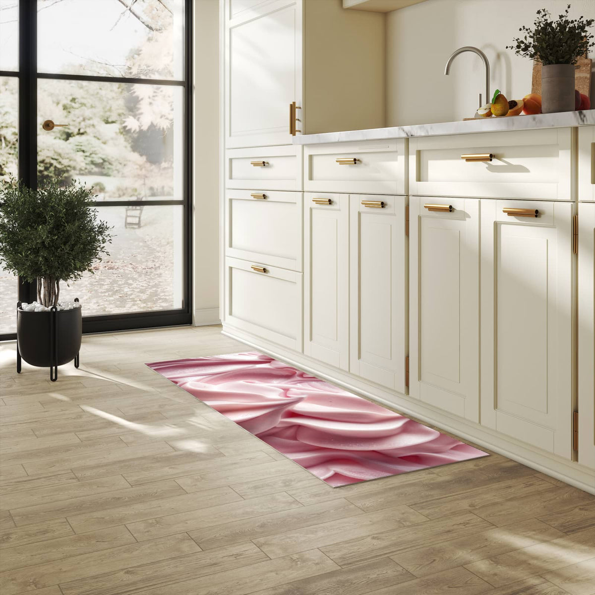 Küchenteppich mit Motiv Zartes Schaumcreme für Ordnung in heller Küche