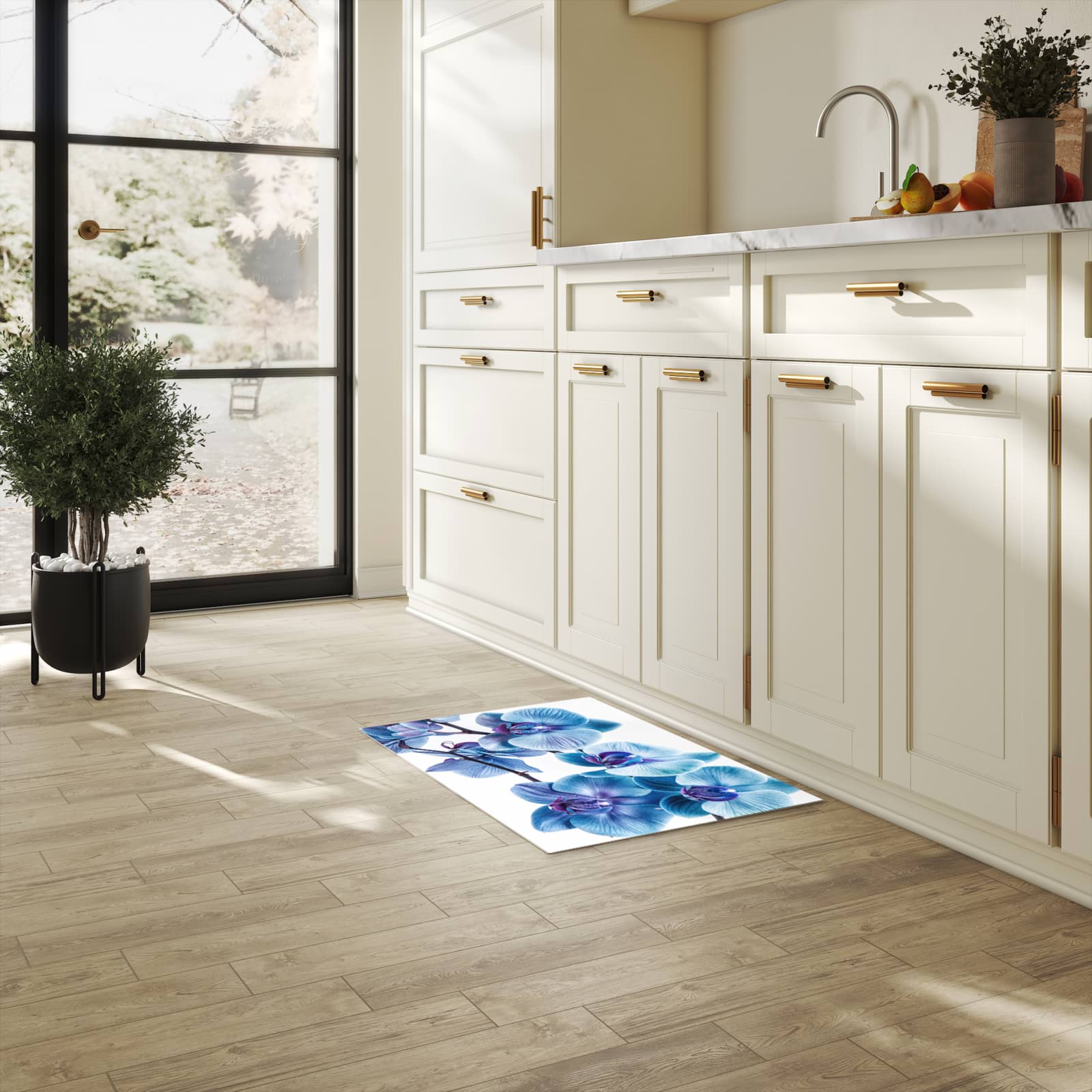 Waschbarer Teppich fürs Esszimmer mit Motiv Blaue Orchideen Blüte in heller Küche