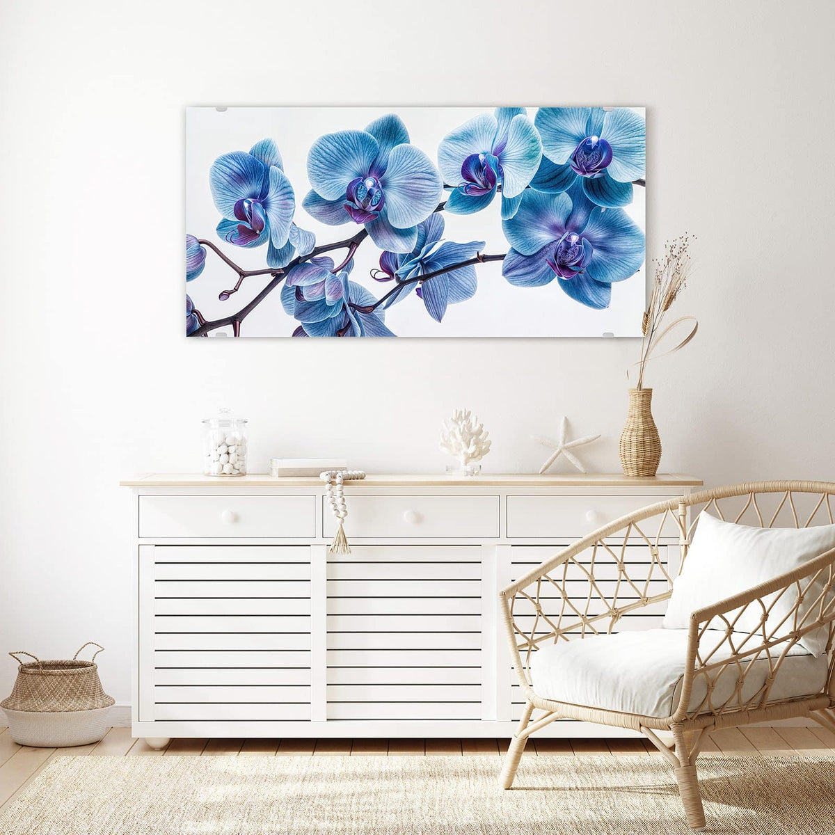 Echtglas, 4 mm – kein Acryl, keine Folie – Wandbild - Blauviolette Orchidee - Querformat