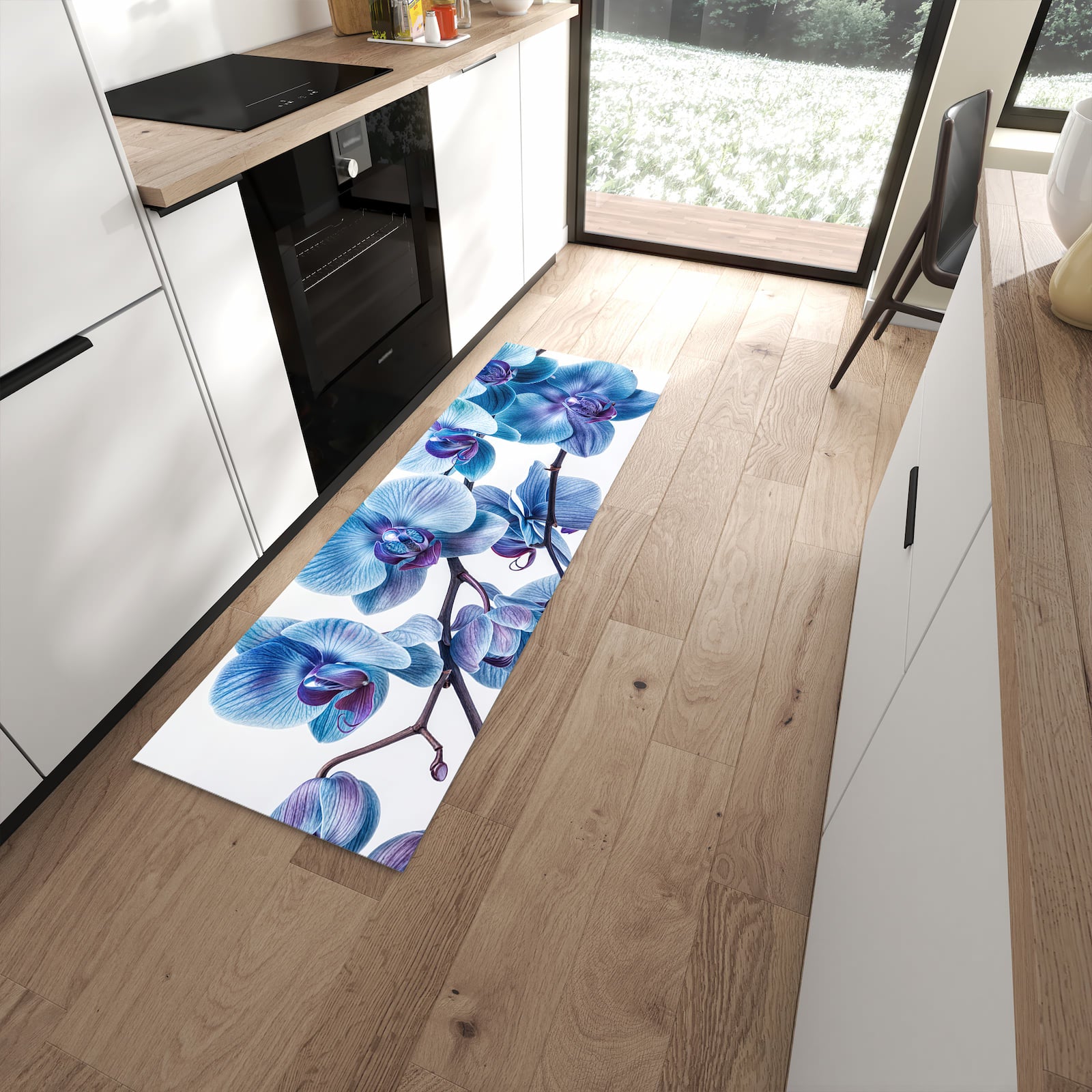 Flacher Küchenteppich mit Motiv Blaue Orchideen Blüte in moderner Küche